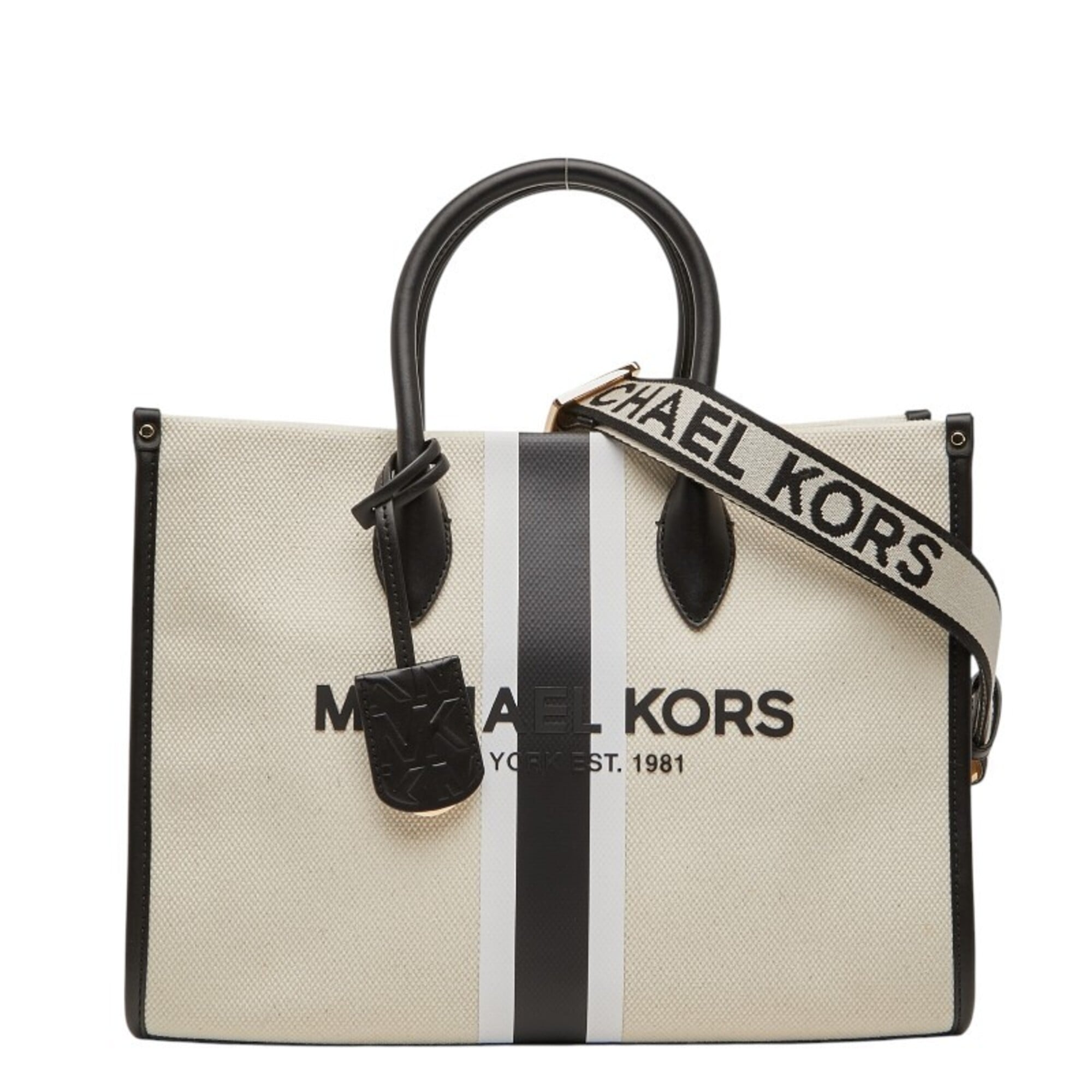 Michael Kors Beige Black Leather Canvas Handbag Shoulder Bag (Pre-Owned)