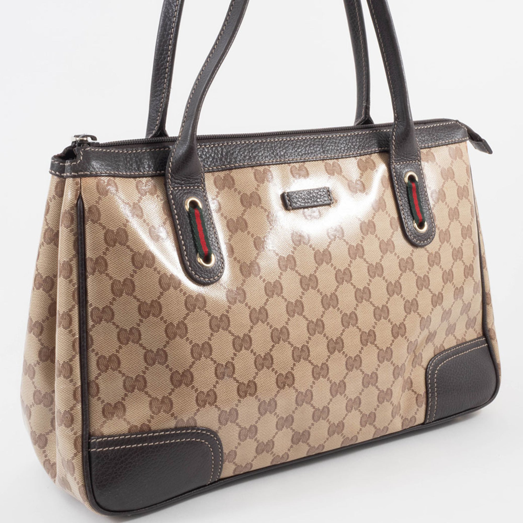 Gucci Gg Crystal Beige Brown Pvc Leather Tote Bag (Pre-Owned)