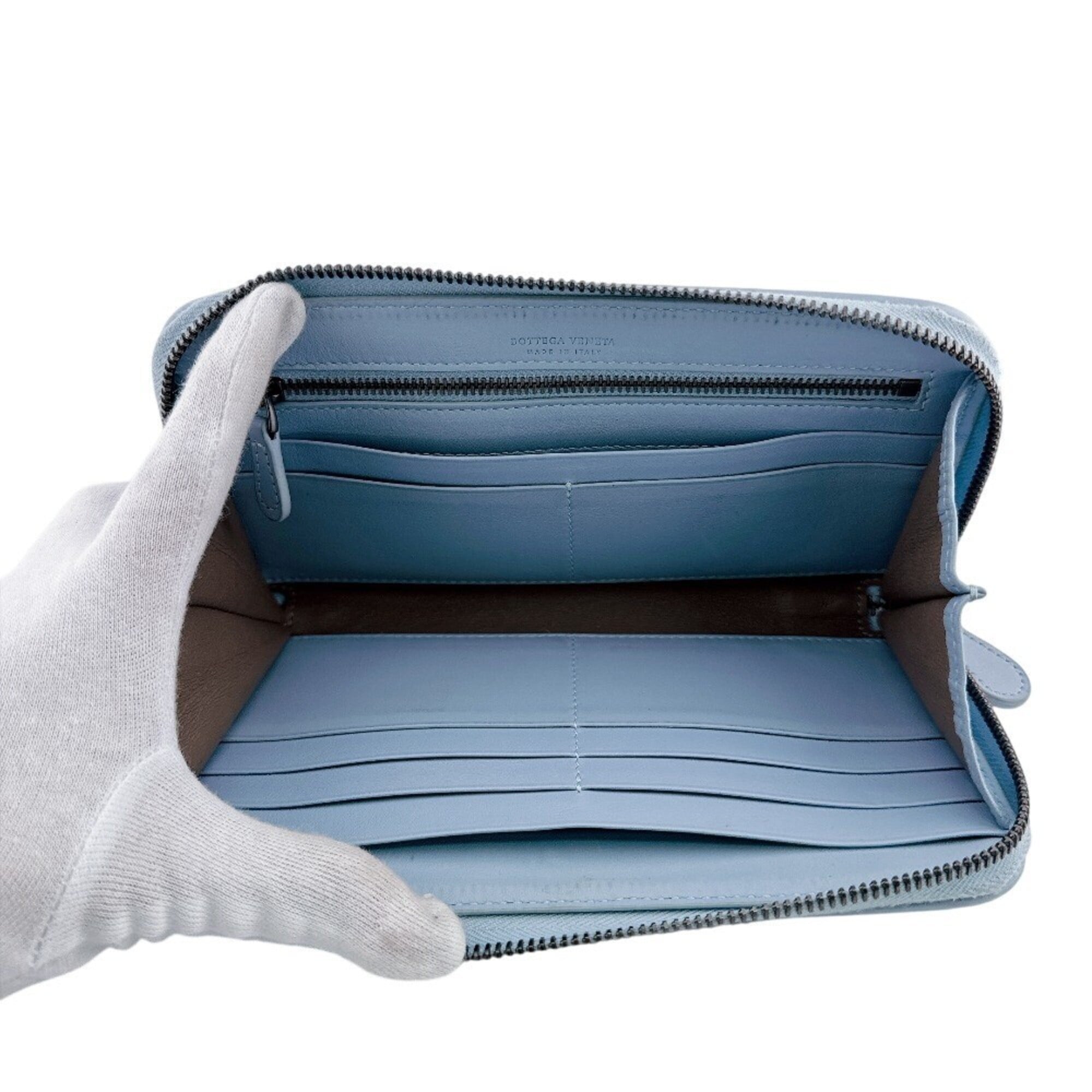 Bottega Veneta Intrecciato Blue Leather Long Wallet (Bi-Fold) (Pre-Owned)