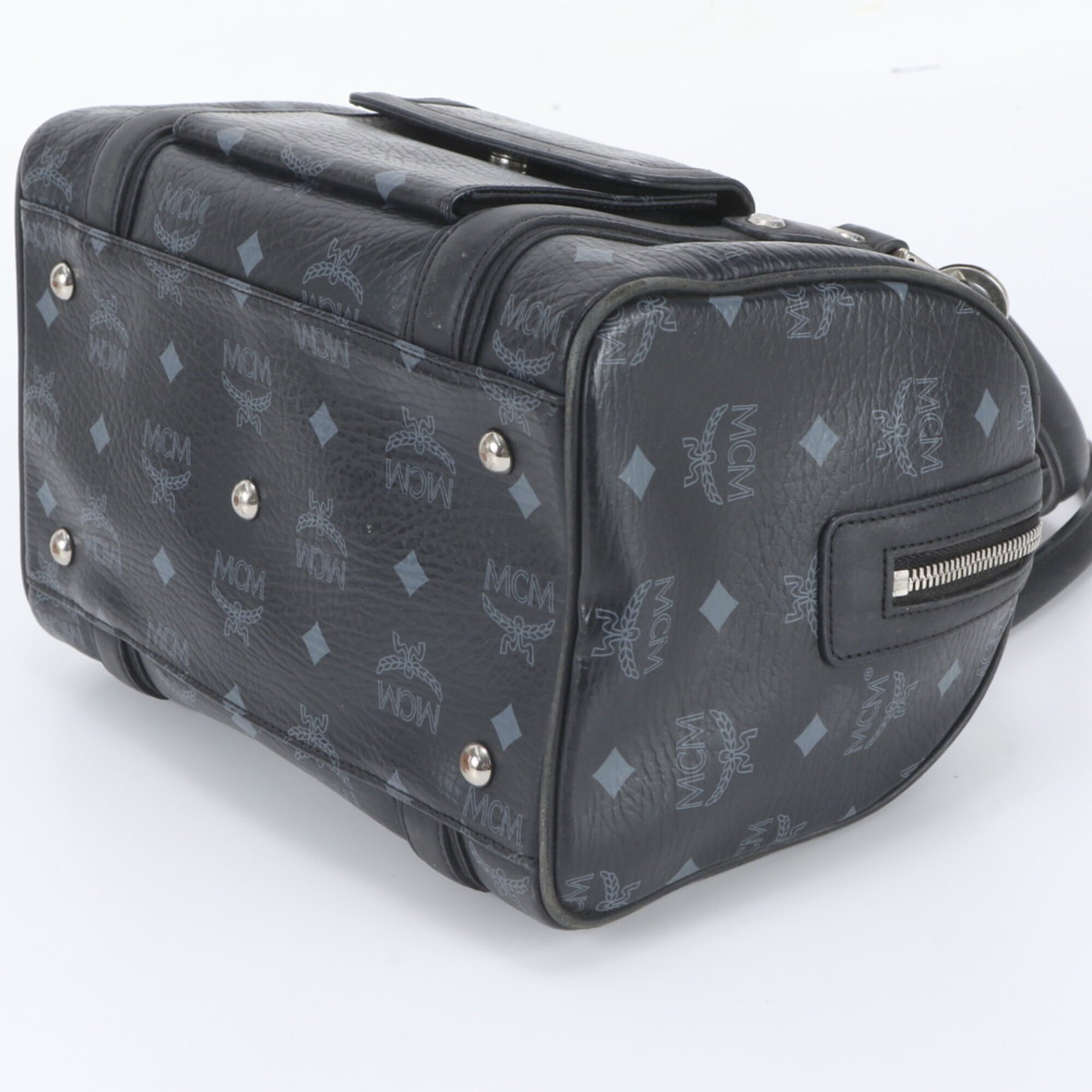 Mcm Black Gray Leather Coated Canvas Boston Bag Handbag Tote Bag (Pre-Owned)