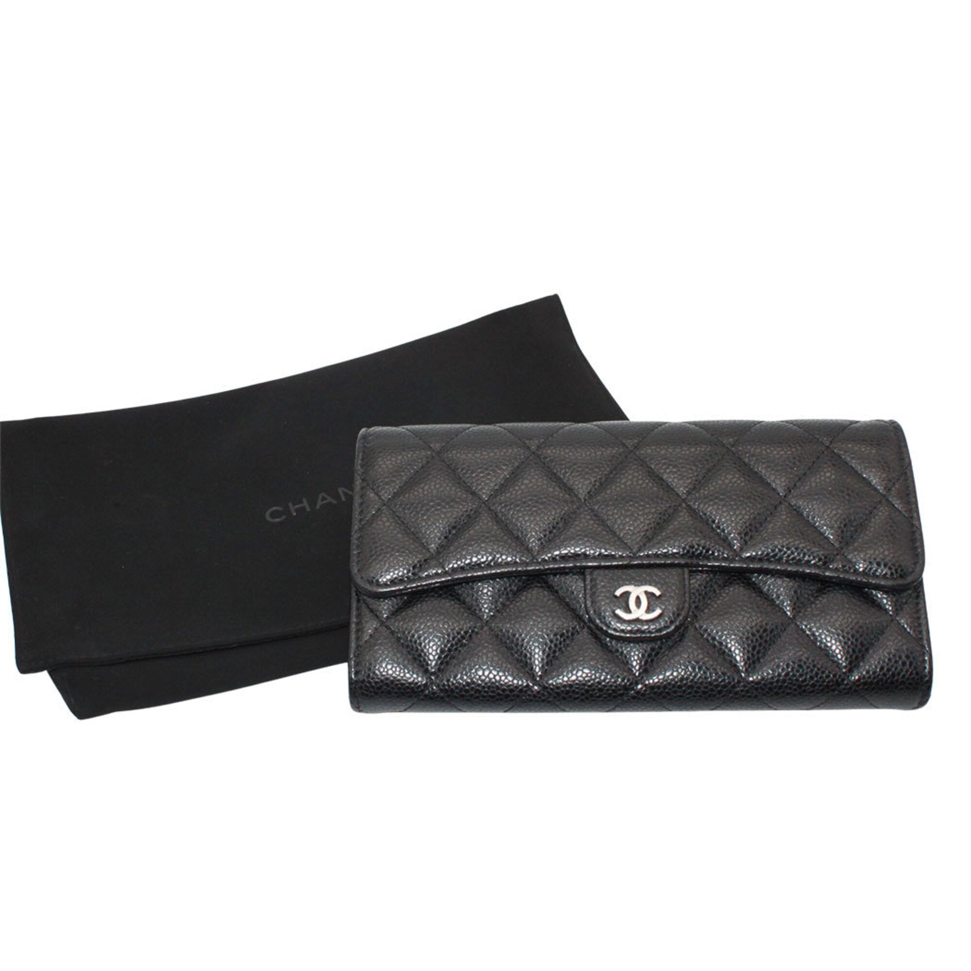 Chanel Matelasse Black Grained Calfskin Long Wallet (Bi-Fold) (Pre-Owned)