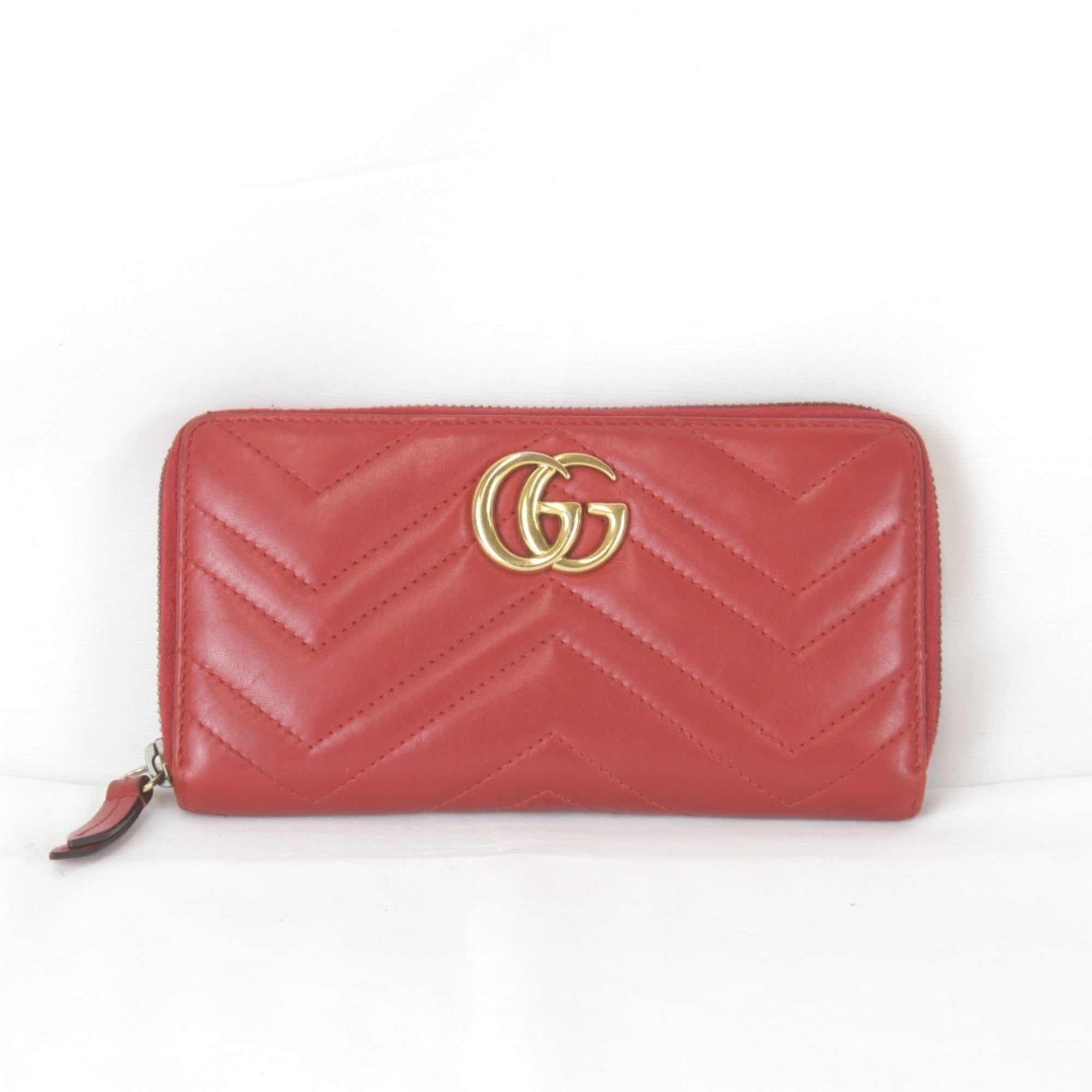 Gucci Red Color White Leather Long Wallet (Bi-Fold) (Pre-Owned)