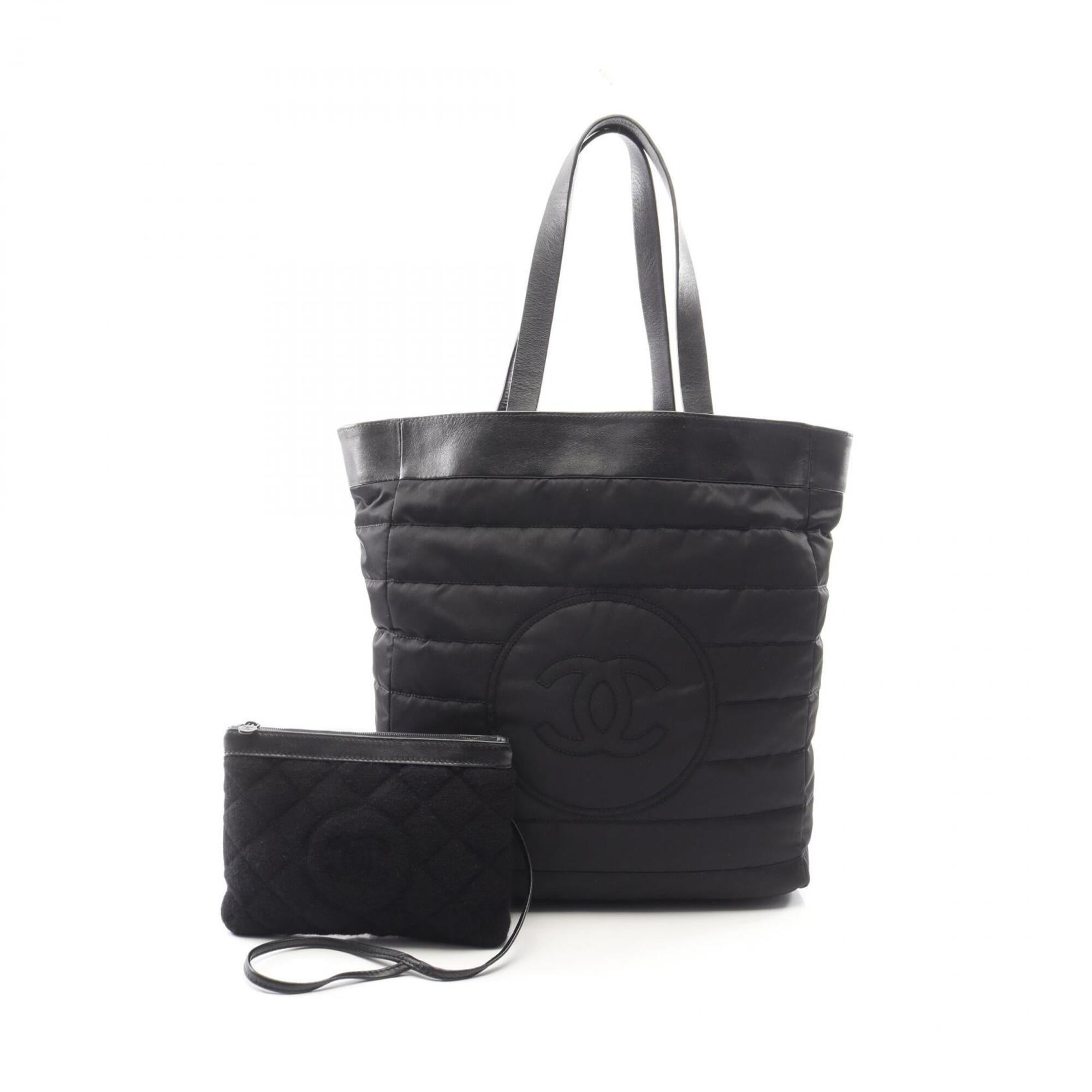 Chanel Black Nylon Leather Pile Fabric Handbag Pouch Tote Bag (Pre-Owned)