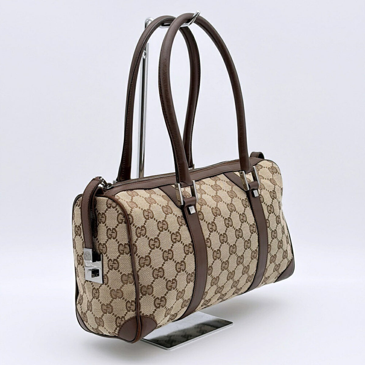 Gucci Beige Brown Gg Canvas Leather Handbag (Pre-Owned)
