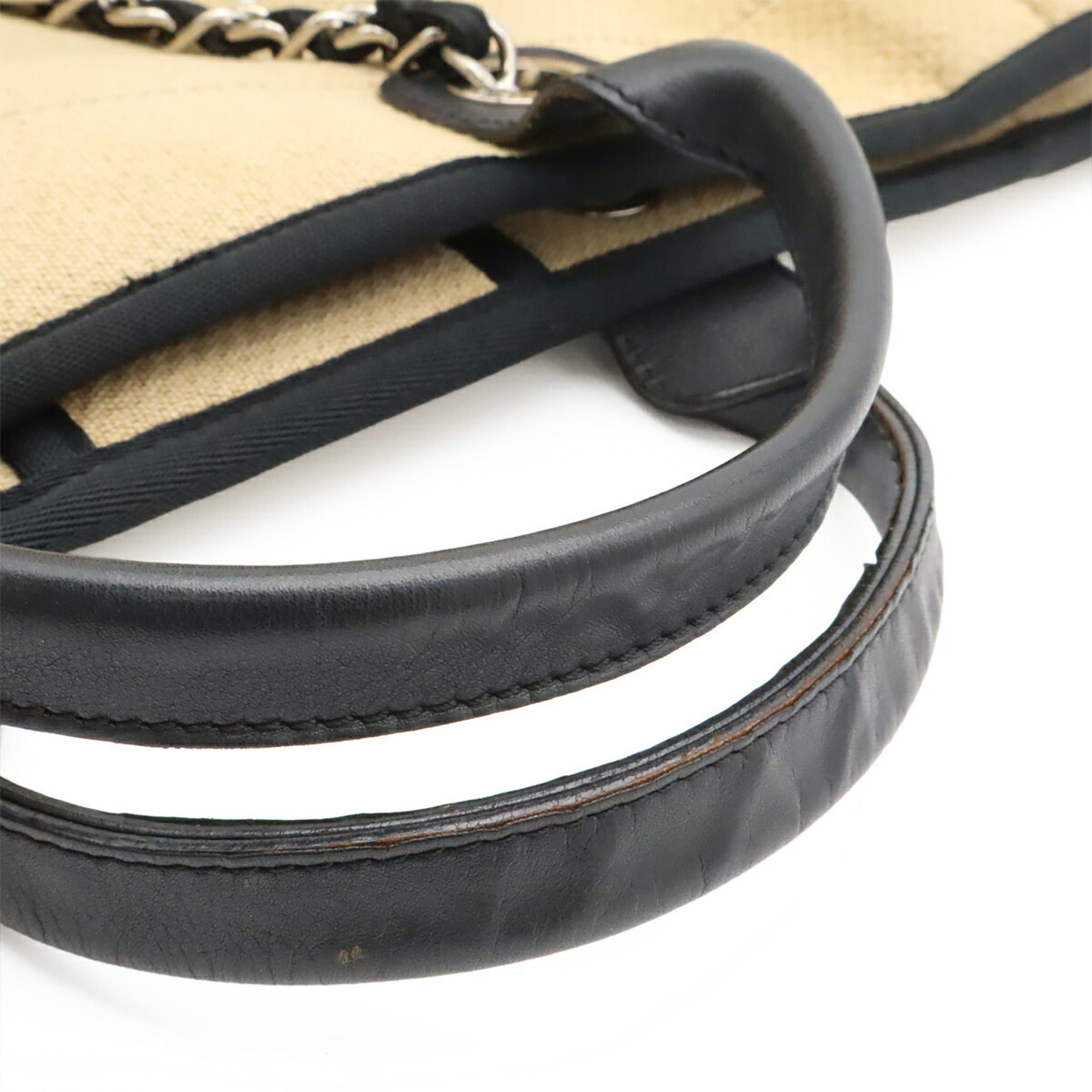 Chanel Beige Black Canvas Shoulder Bag Tote Bag (Pre-Owned)