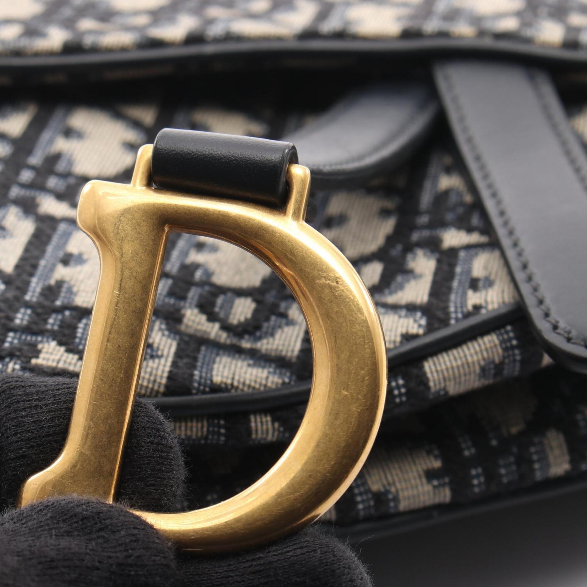 Christian Dior Beige Black Navy Canvas Leather Handbag Saddle Bag (Pre-Owned)