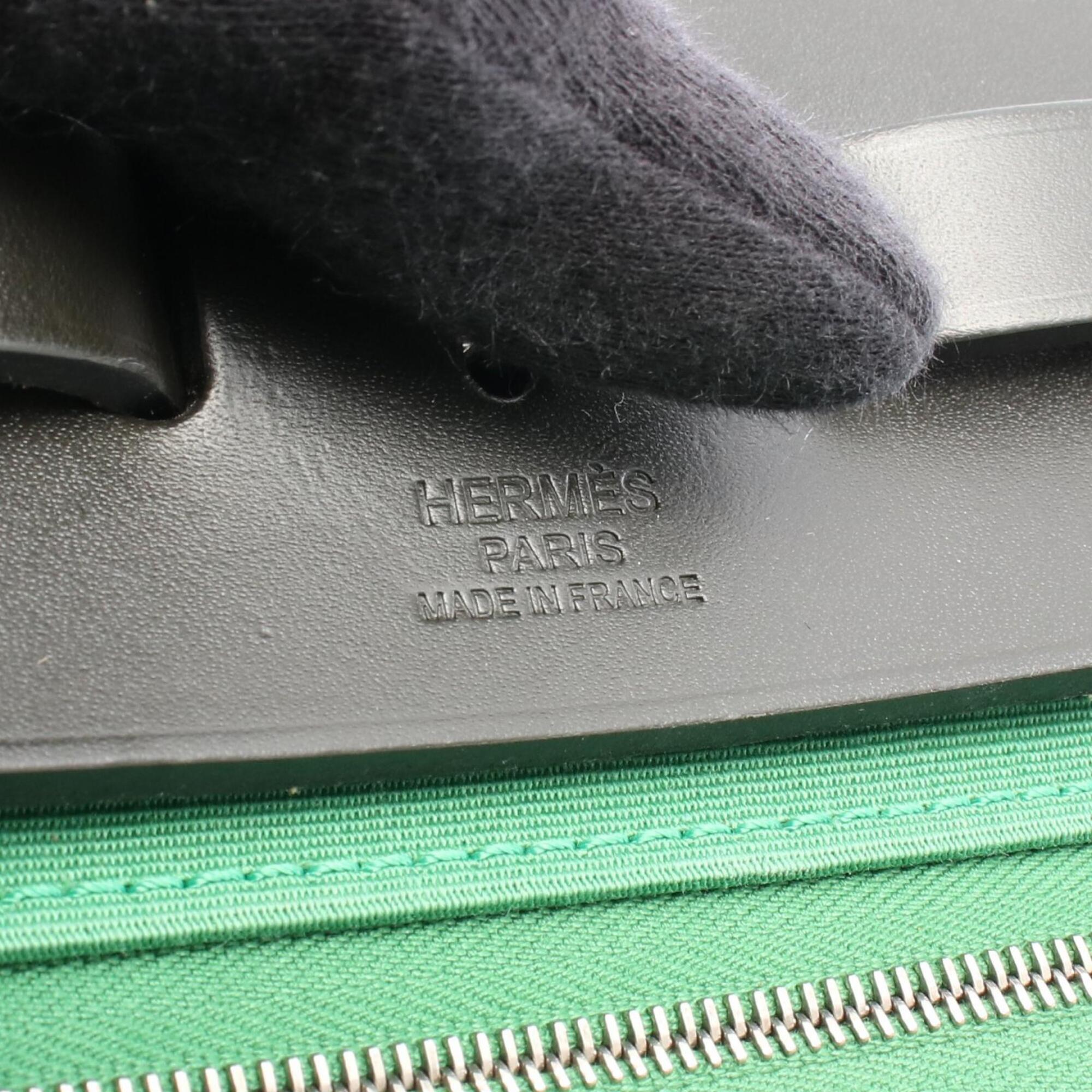 Hermes Black Green Canvas Leather Handbag (Pre-Owned)
