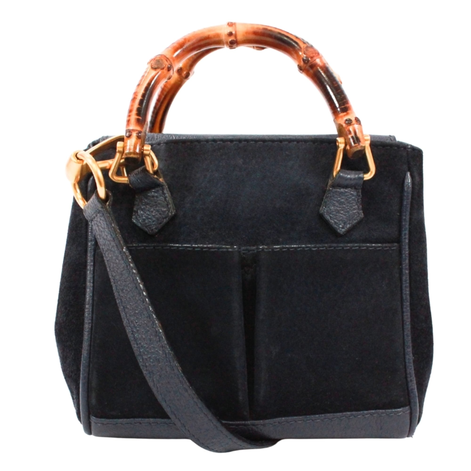 Gucci Navy Bamboo Leather Suede Shoulder Bag (Pre-Owned)
