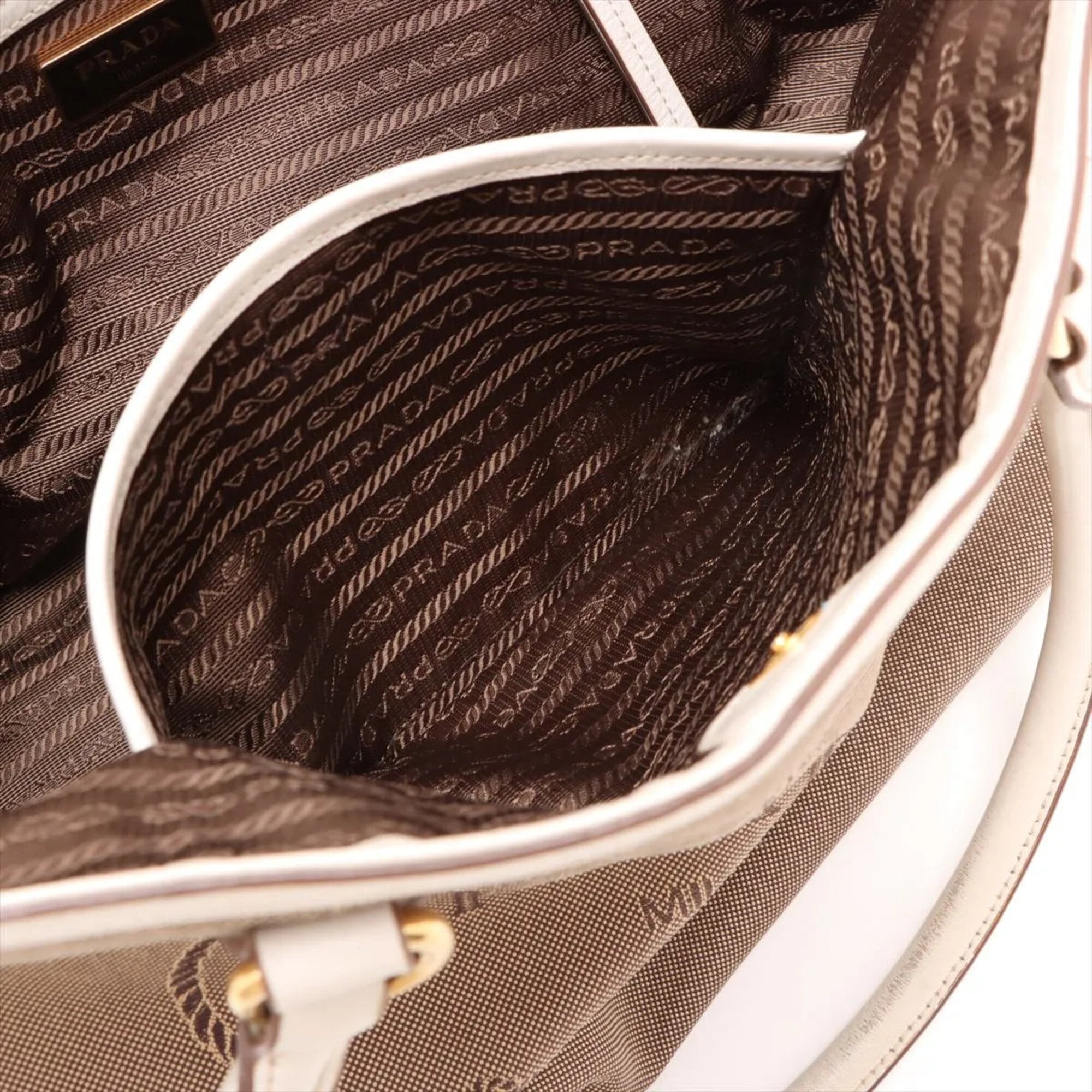 Prada Beige White Canvas Leather Handbag Tote Bag (Pre-Owned)