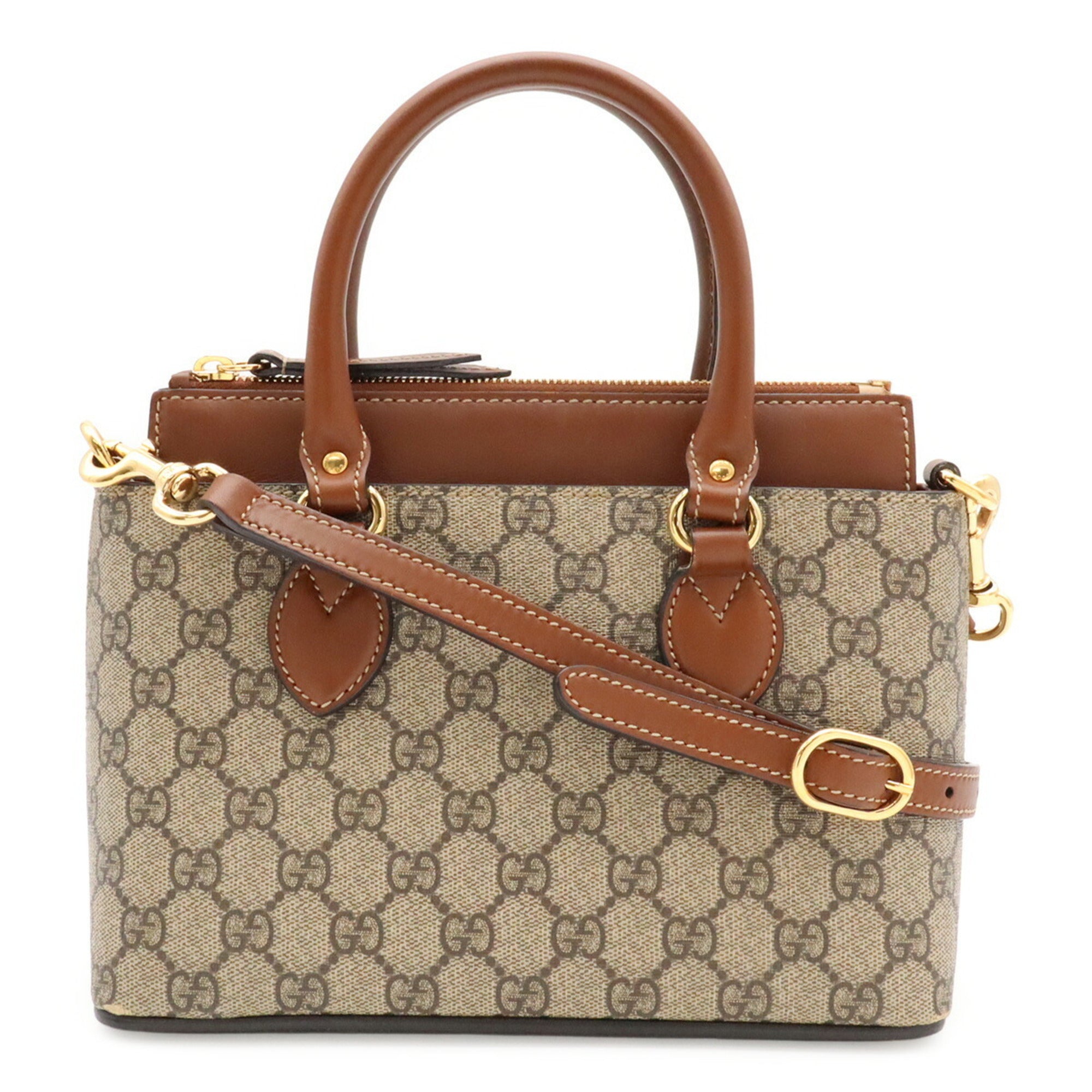 Gucci Beige Brown Gg Supreme Canvas Leather Handbag Shoulder Bag (Pre-Owned)