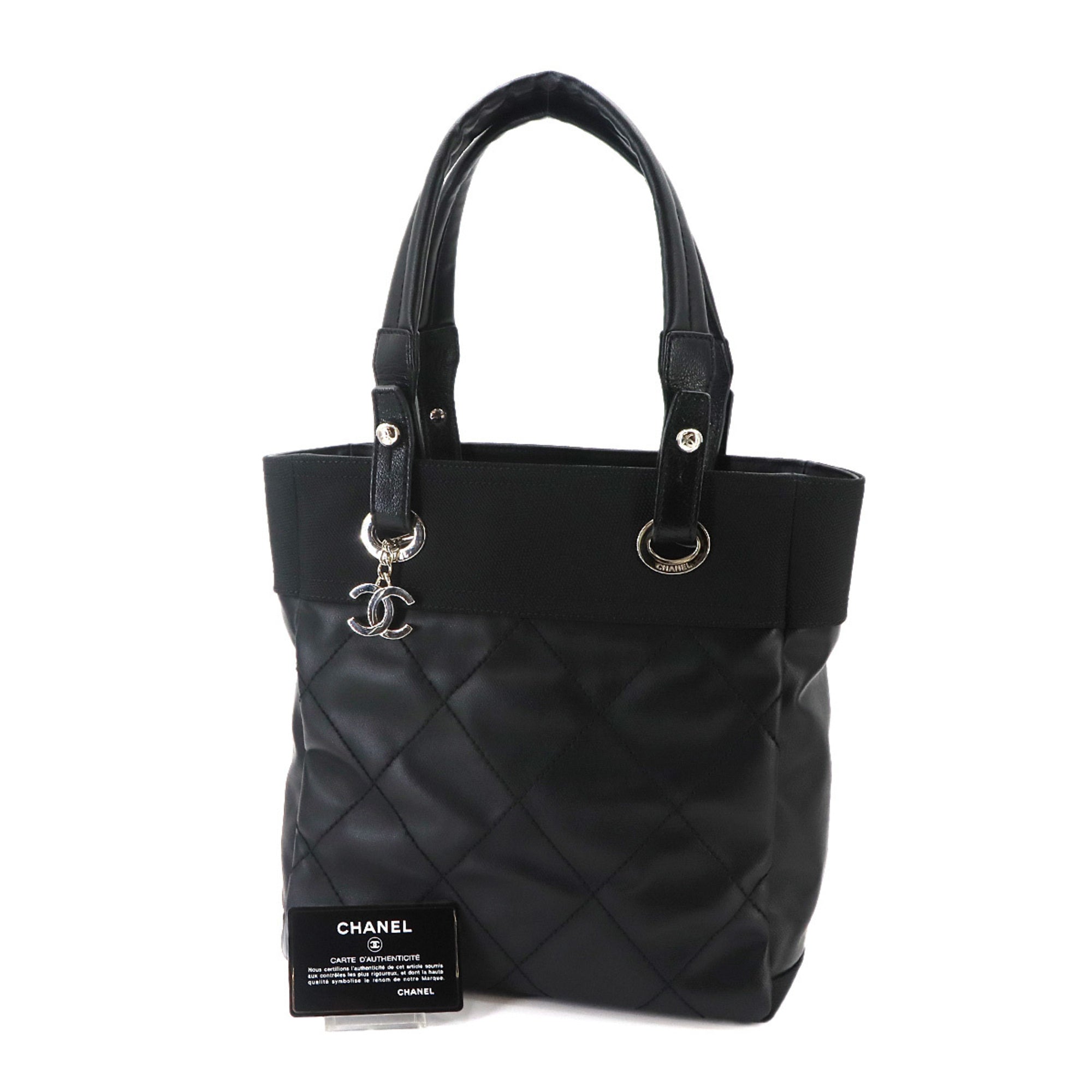 Chanel Paris Biarritz Black Nylon Pvc Leather Handbag Tote Bag (Pre-Owned)