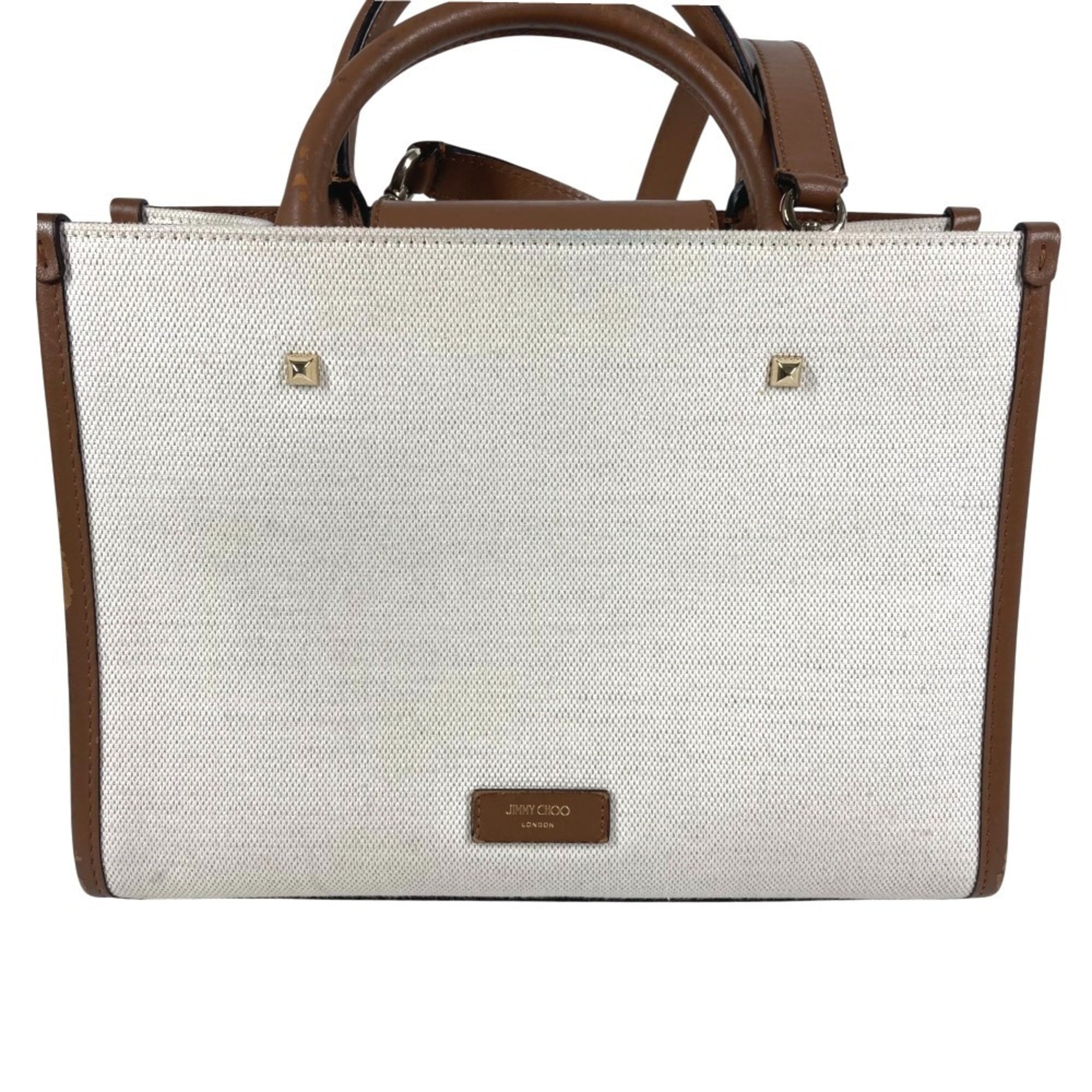 Jimmy Choo Beige Leather Canvas Handbag Shoulder Bag Tote Bag (Pre-Owned)