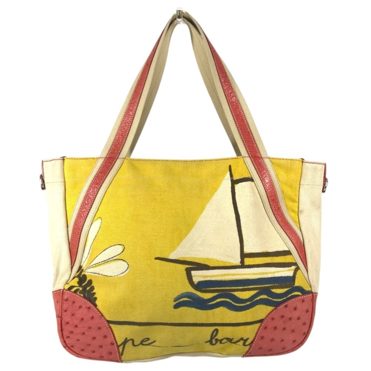 Prada Beige Red Color Yellow Leather Canvas Shoulder Bag Tote Bag (Pre-Owned)
