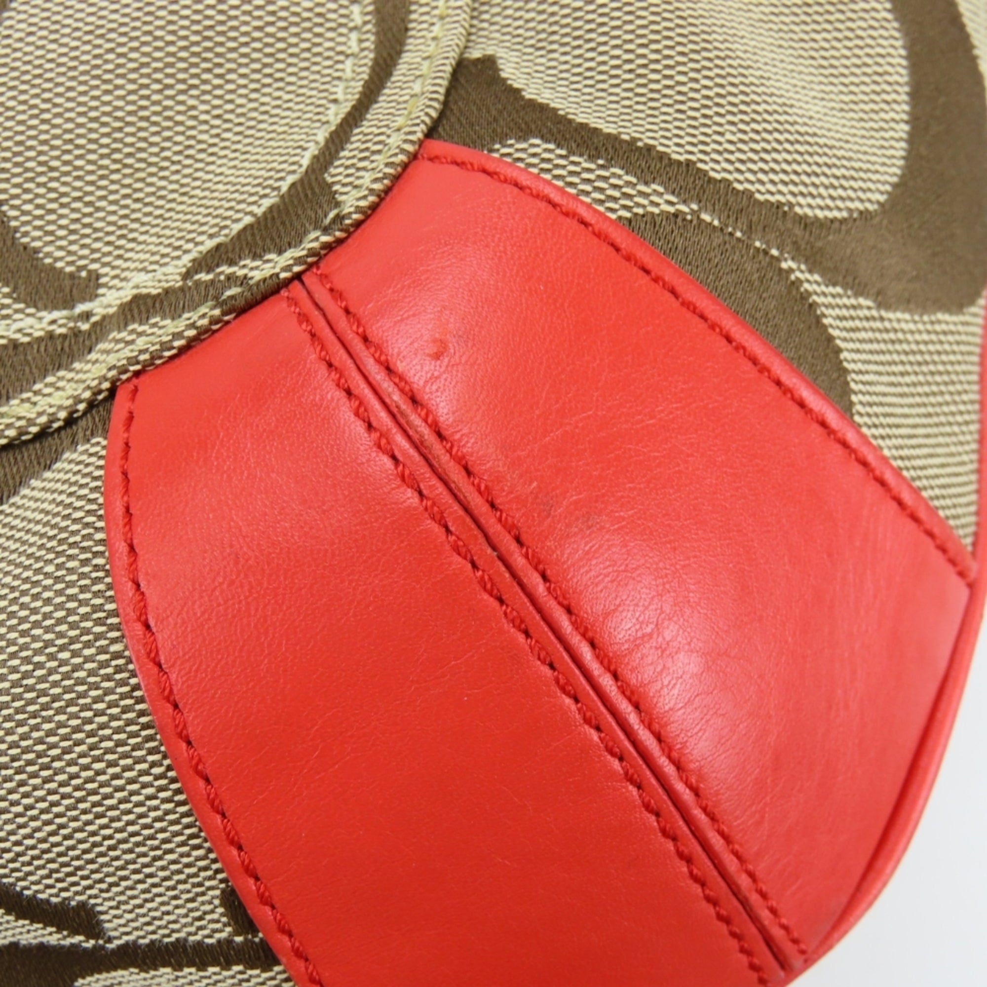 Coach Signature Beige Pink Red Color Canvas Leather Shoulder Bag (Pre-Owned)
