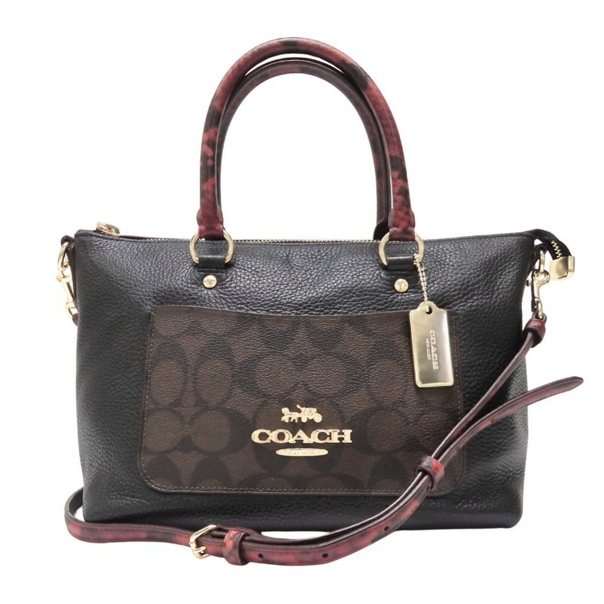 Coach Signature Black Bordeaux Brown Leather Coated Canvas Handbag (Pre-Owned)