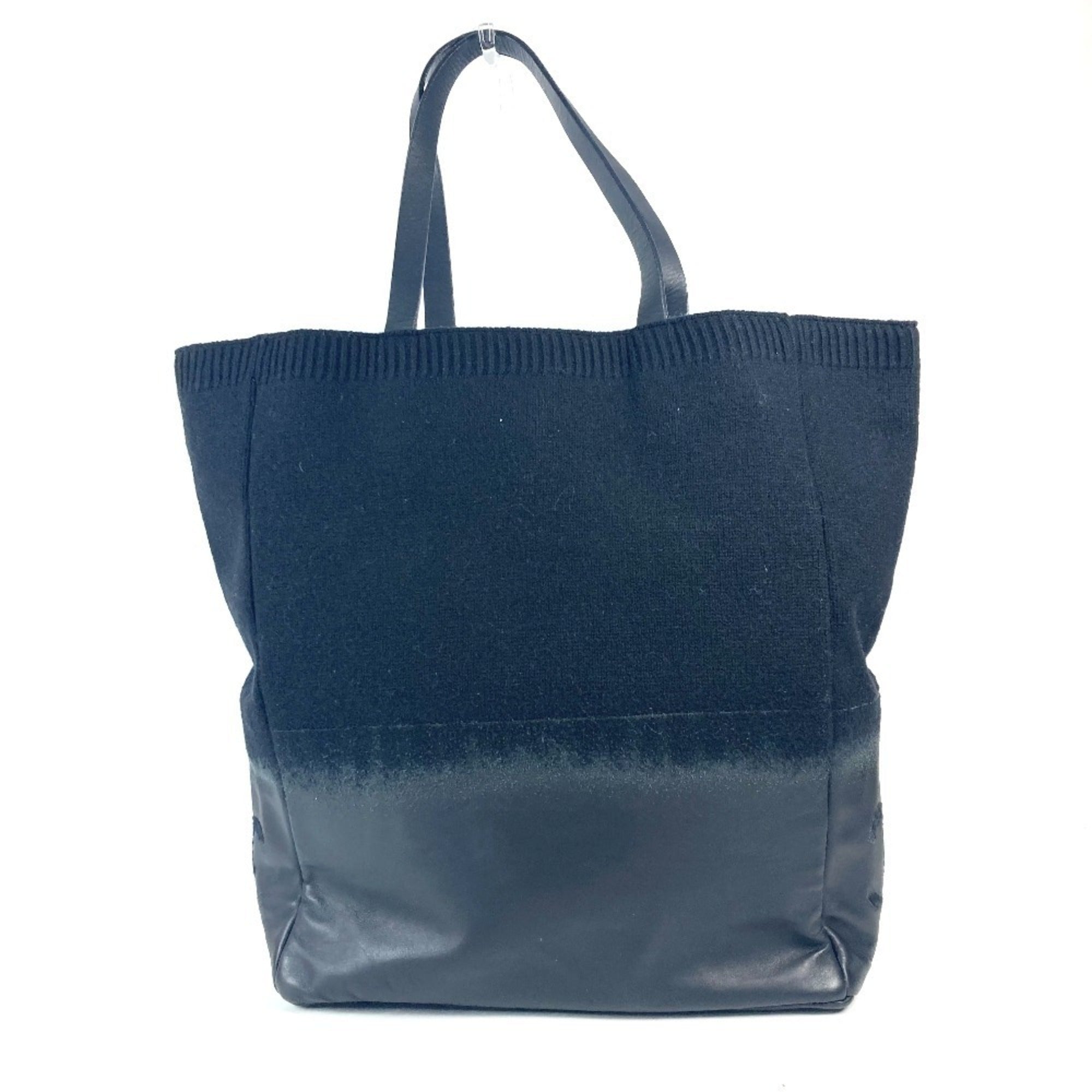 Chanel Black Knit Leather Shoulder Bag Tote Bag (Pre-Owned)