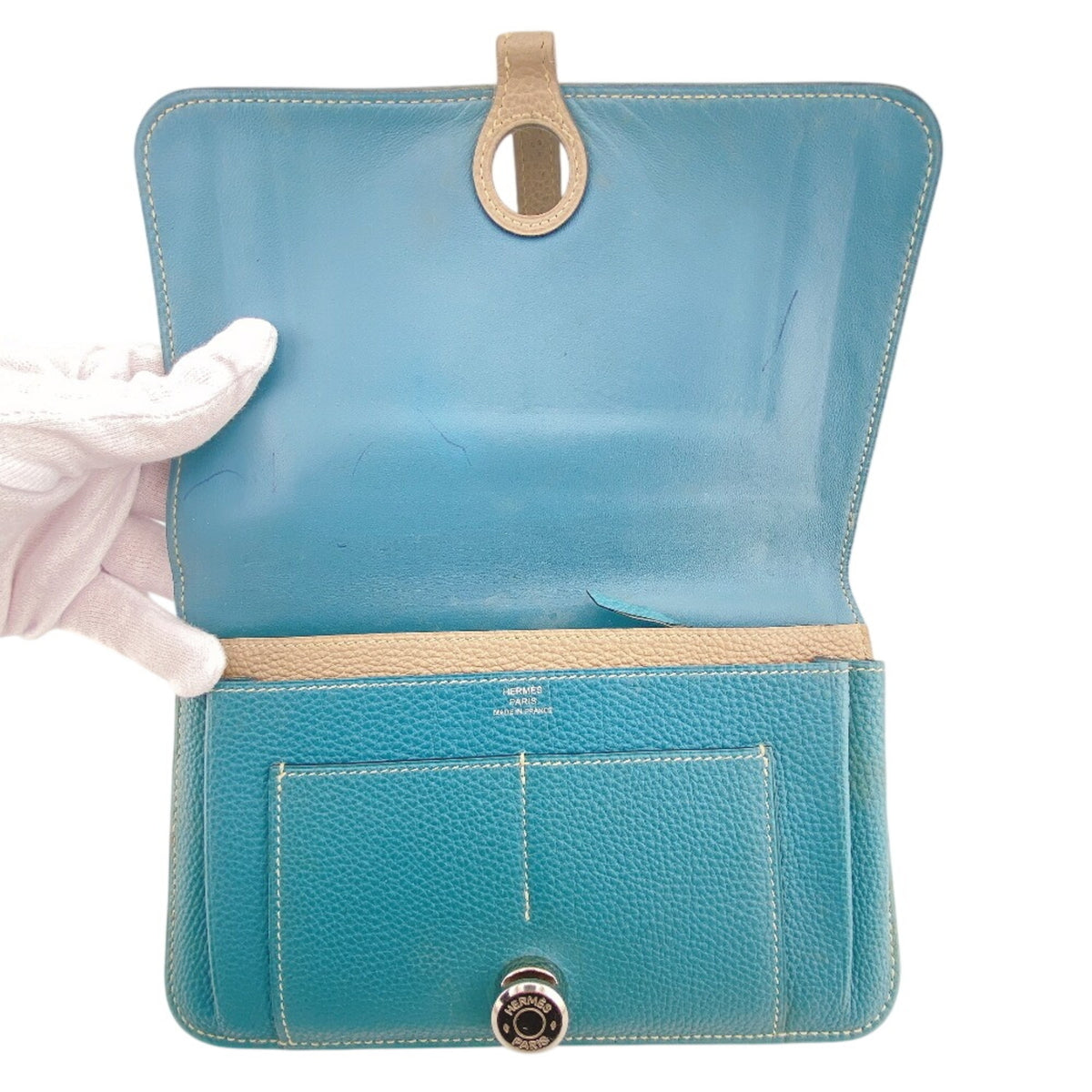 Hermes Dogon Beige Blue Togo Leather Long Wallet (Bi-Fold) (Pre-Owned)
