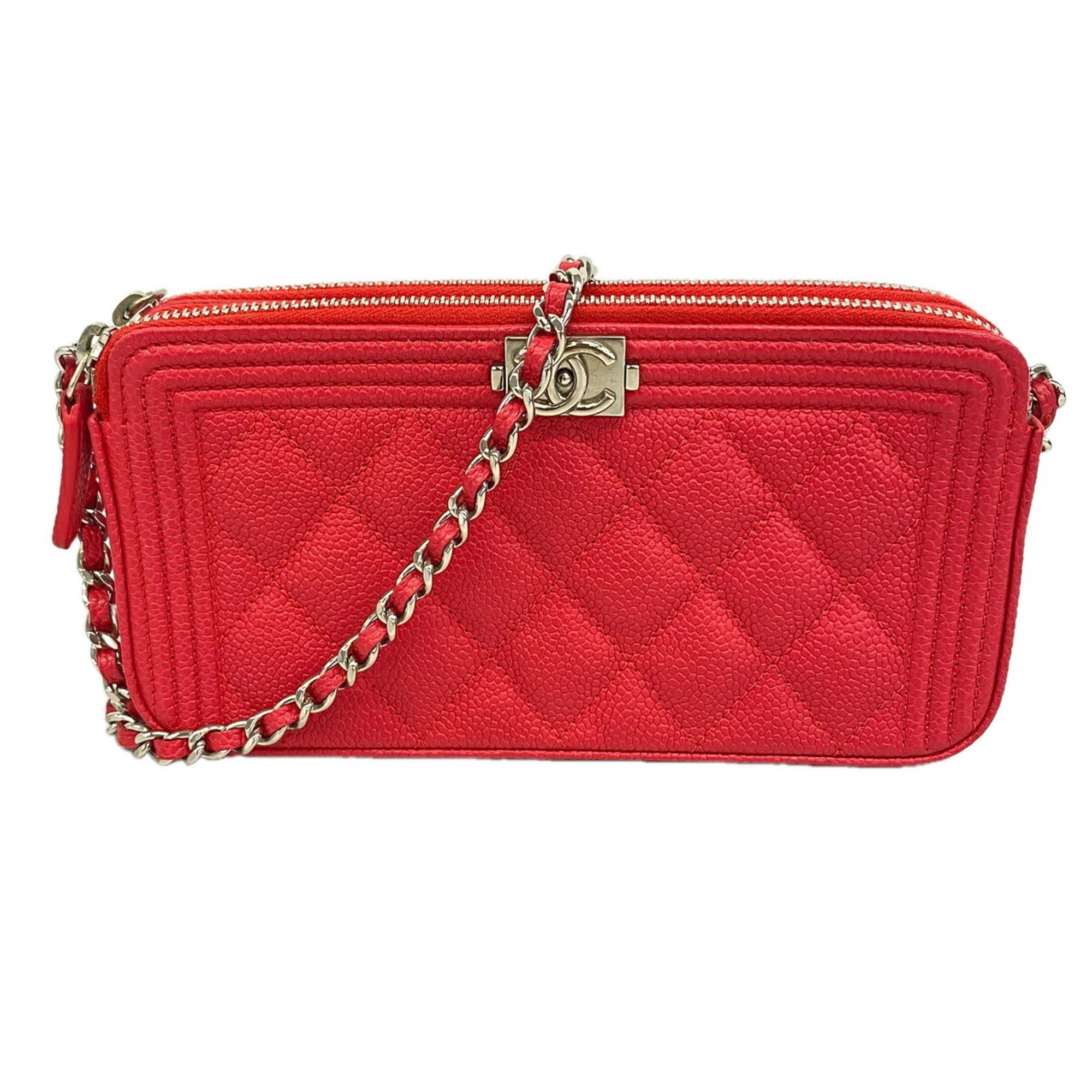Chanel Red Color Grained Calfskin Shoulder Bag (Pre-Owned)