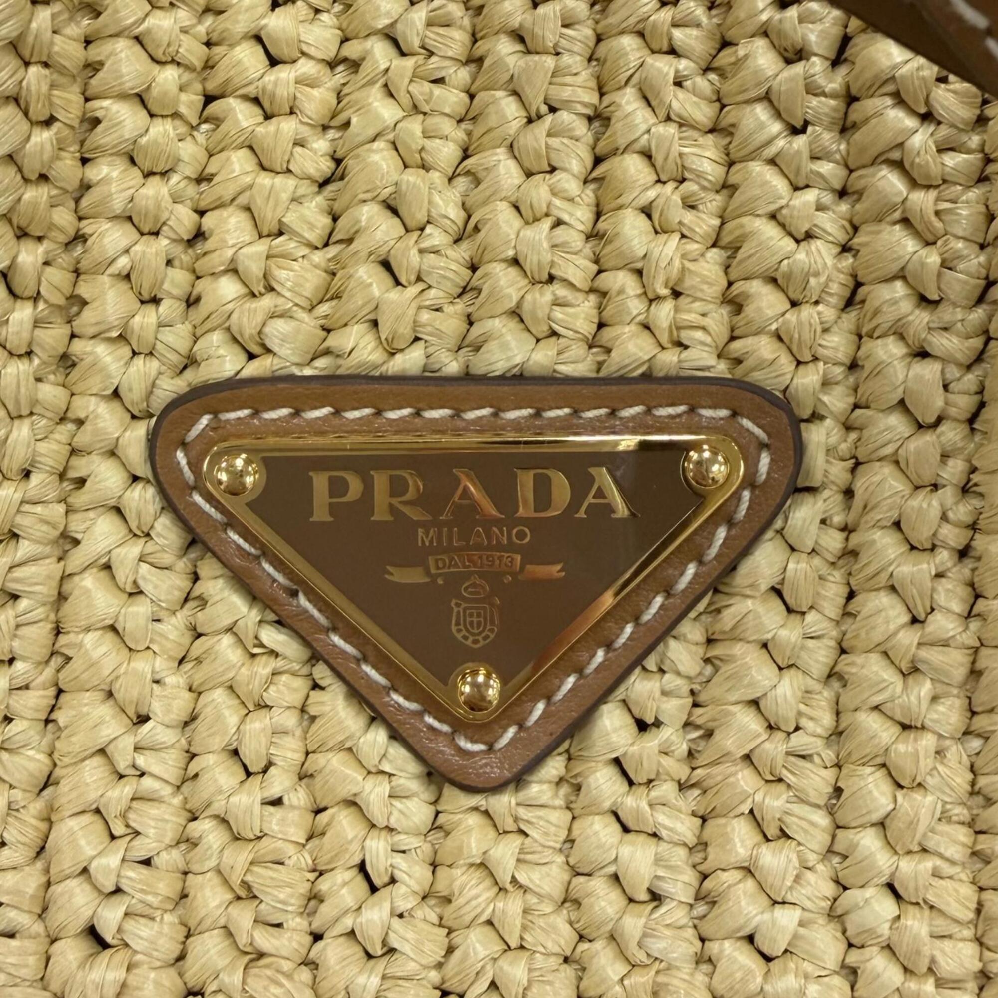 Prada Leather Raffia Handbag Shoulder Bag (Pre-Owned)