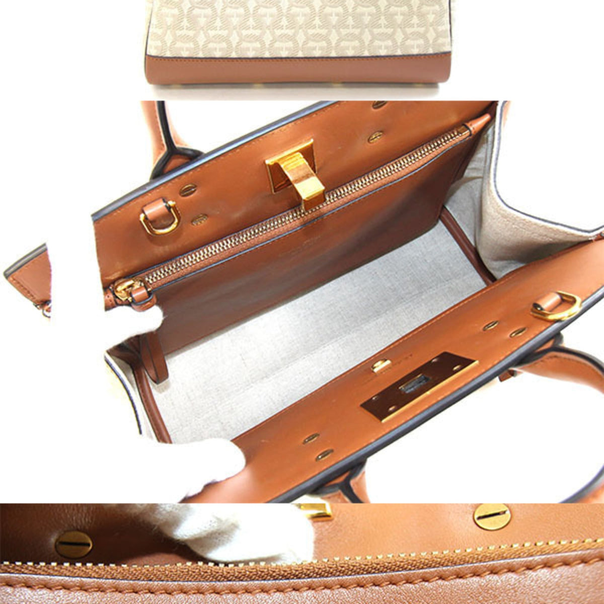 Salvatore Ferragamo Gancini Beige Brown Fabric Leather Handbag Pouch (Pre-Owned)