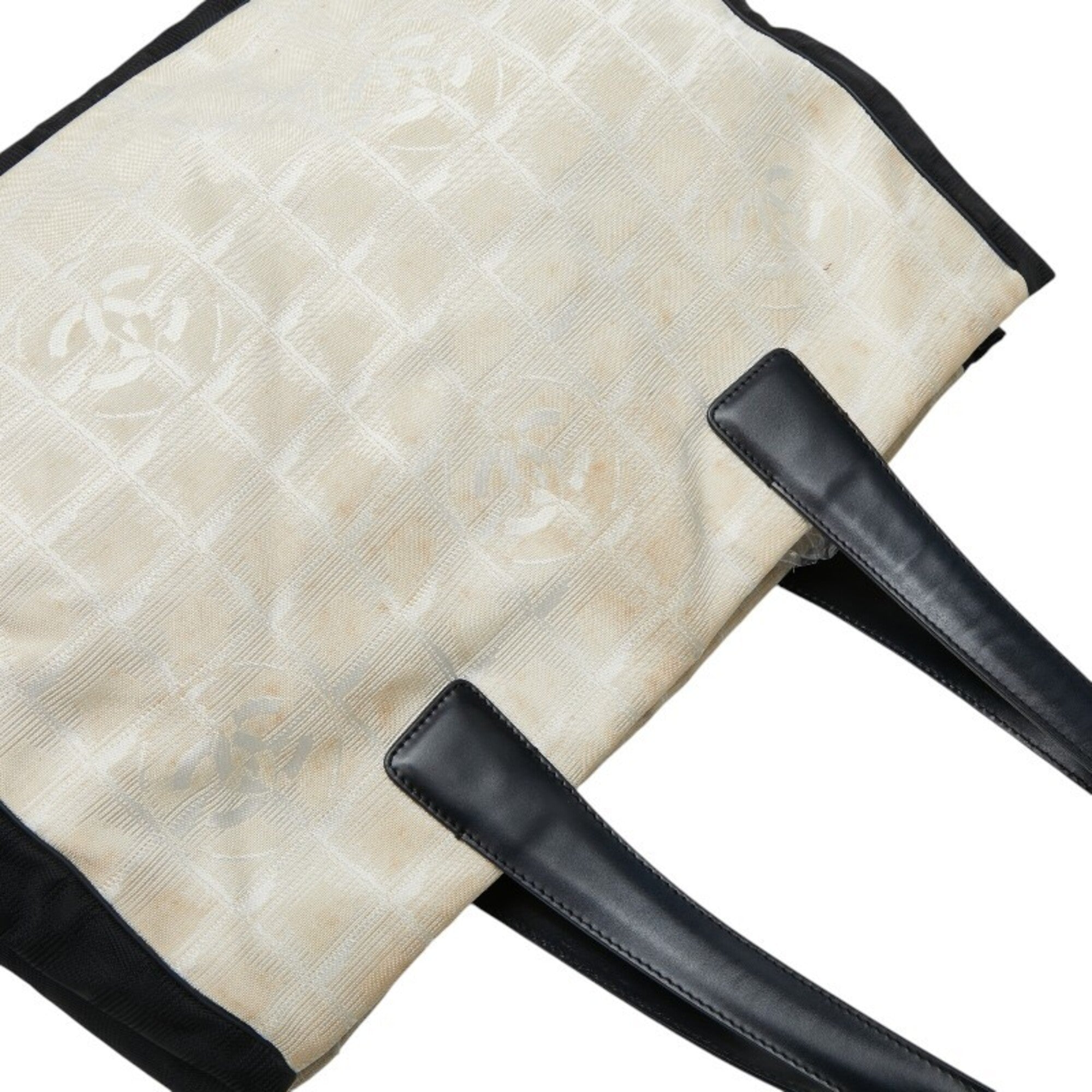 Chanel Beige Black Nylon Leather Handbag Tote Bag (Pre-Owned)