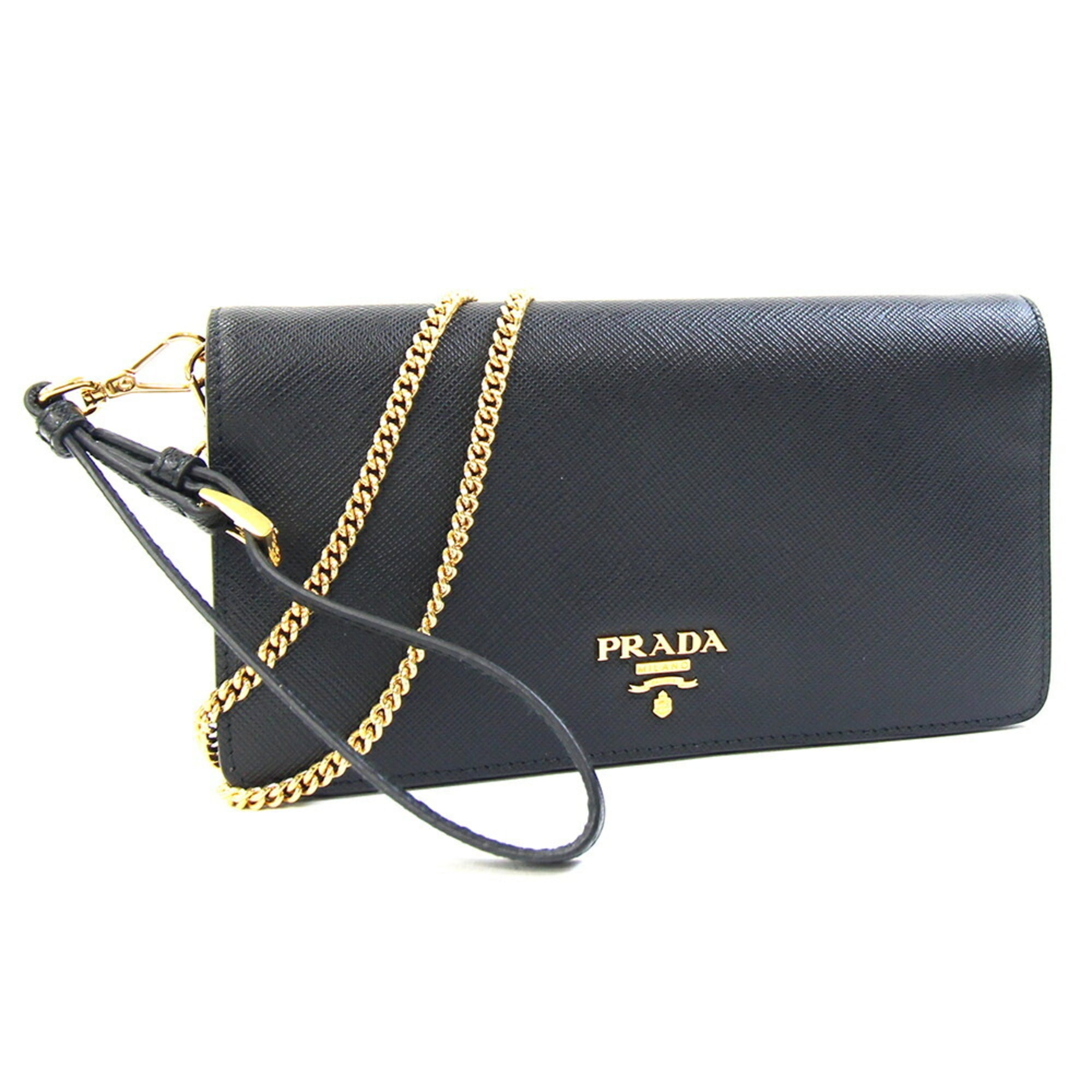 Prada Black Leather Clutch Bag Pochette Shoulder Bag (Pre-Owned)