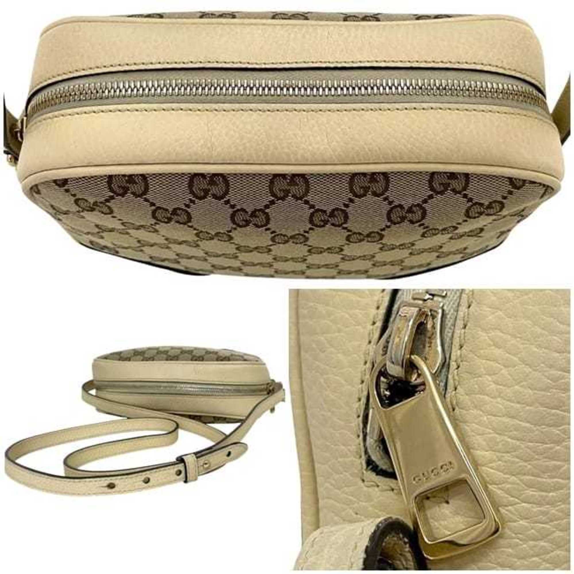 Gucci Beige White Canvas Leather Shoulder Bag (Pre-Owned)
