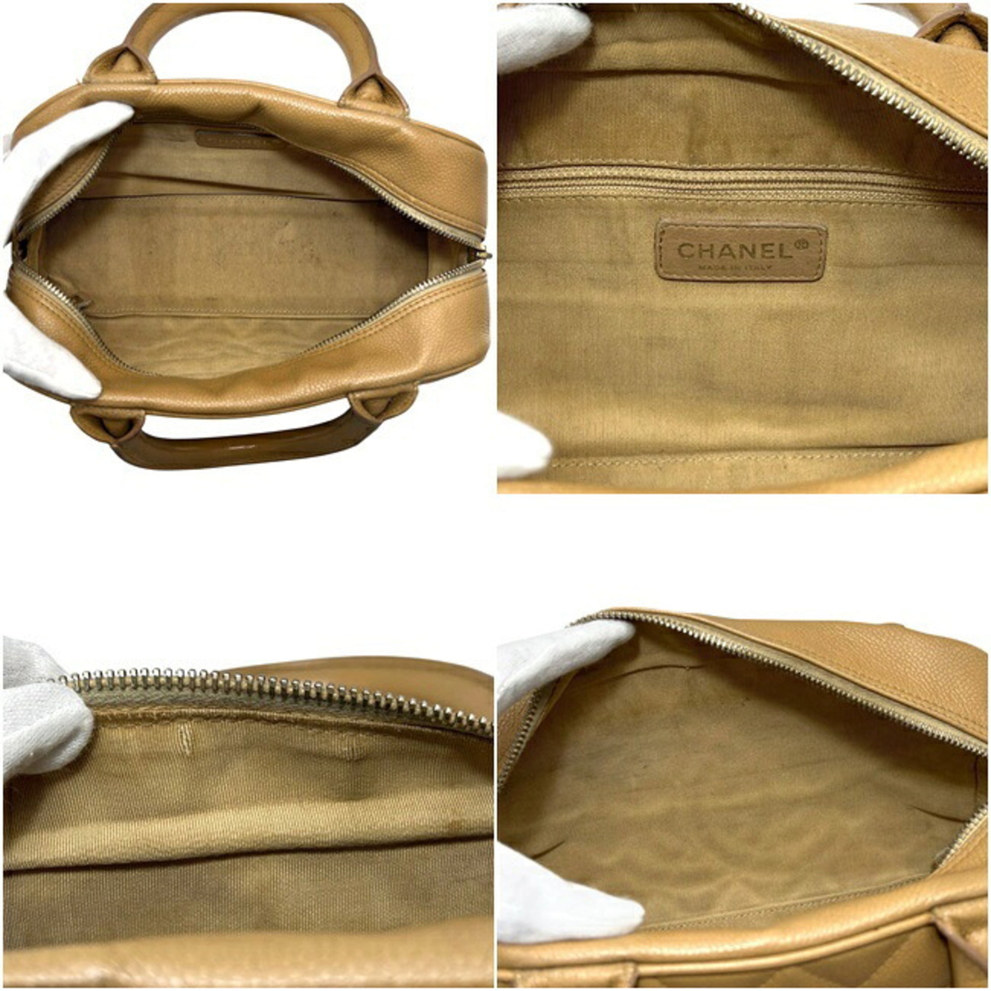 Chanel Beige Grained Calfskin Boston Bag Handbag (Pre-Owned)