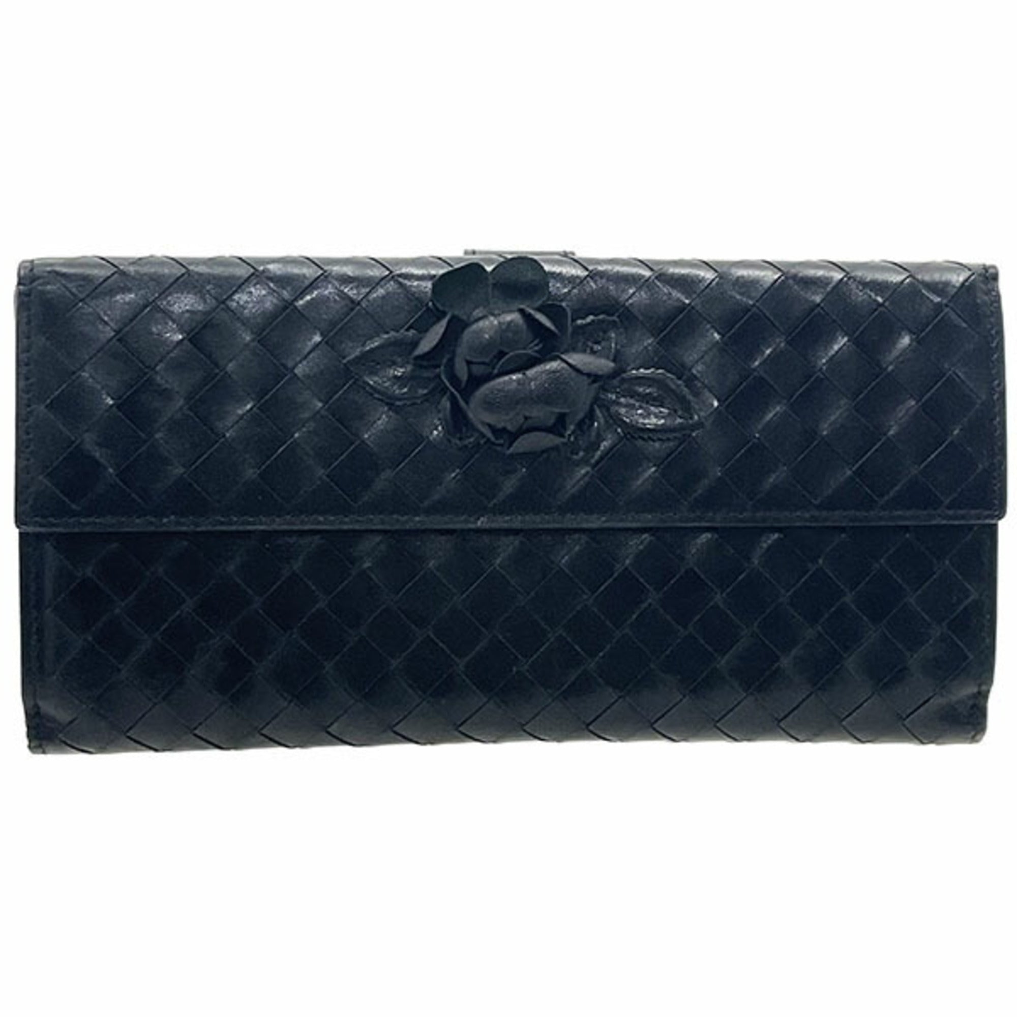 Bottega Veneta Intrecciato Black Leather Long Wallet (Bi-Fold) (Pre-Owned)