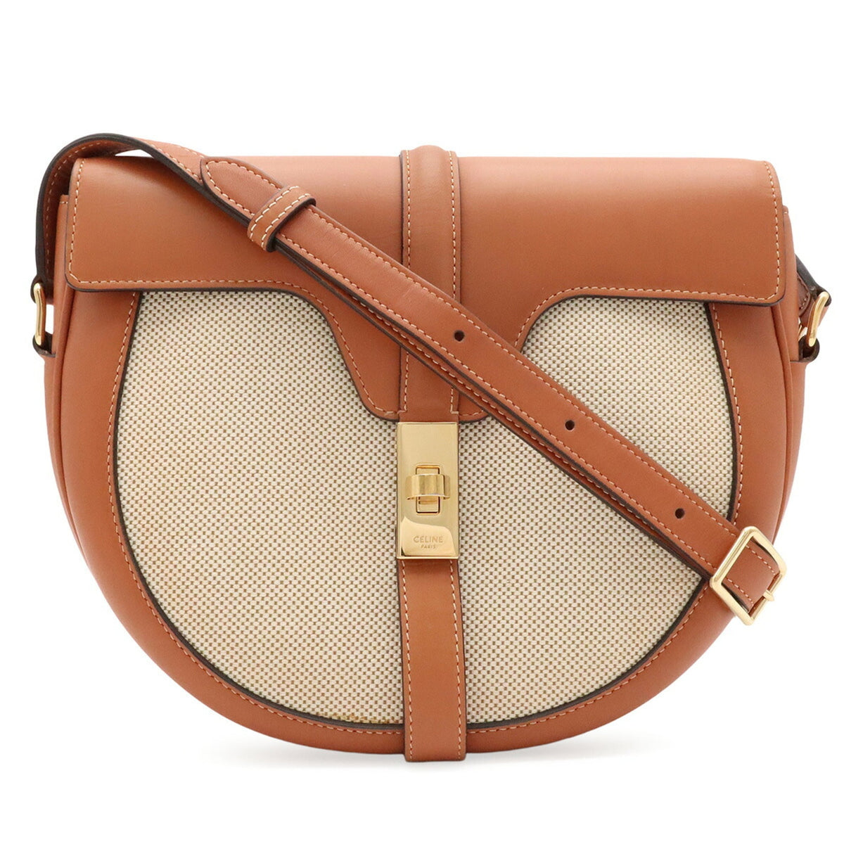 Celine Beige Camel Leather Canvas Pochette Shoulder Bag (Pre-Owned)