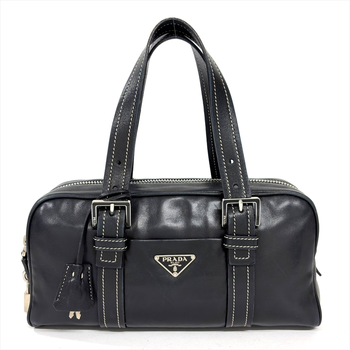Prada Black Leather Boston Bag Handbag (Pre-Owned)