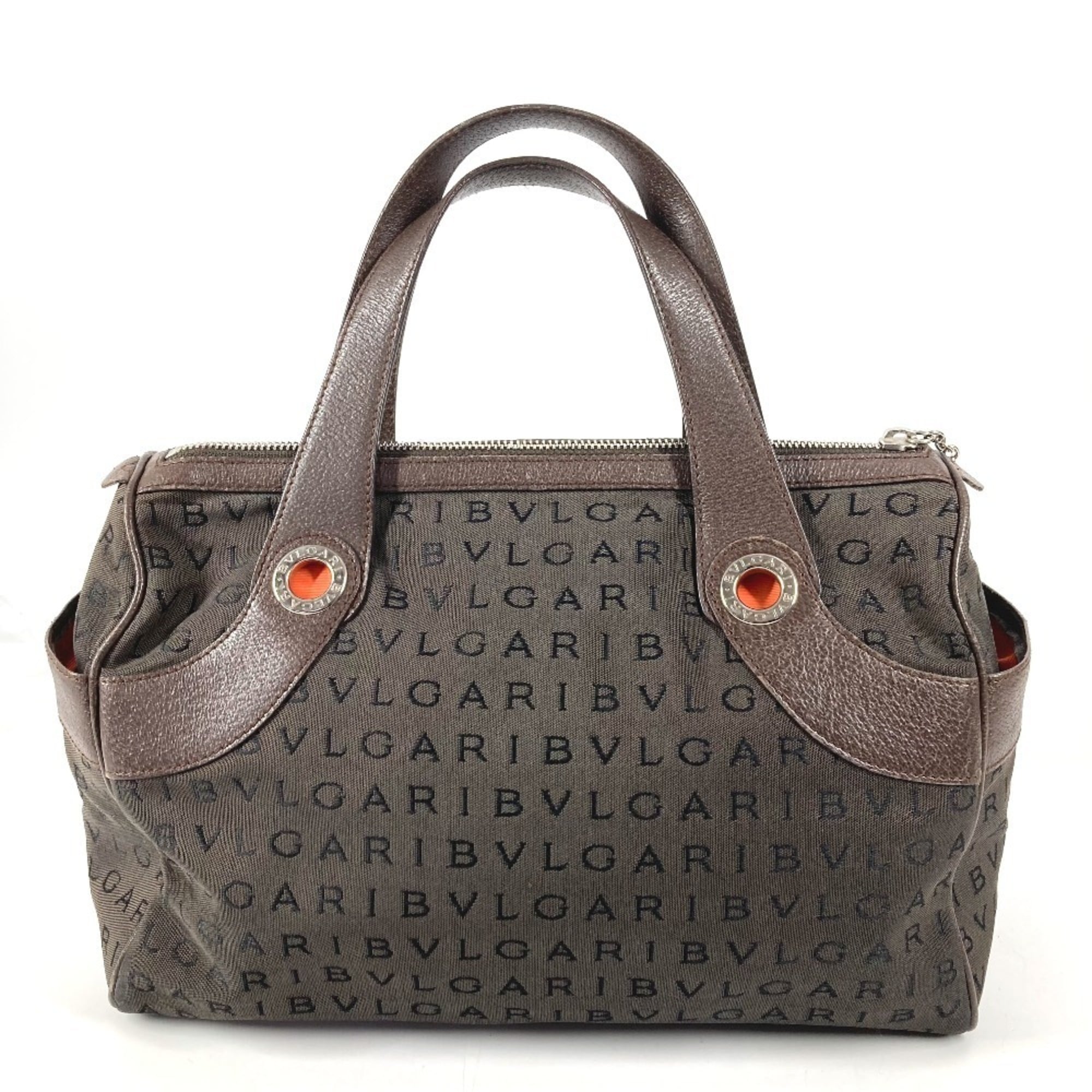 Bvlgari Logomania Brown Leather Canvas Boston Bag Handbag Tote Bag (Pre-Owned)