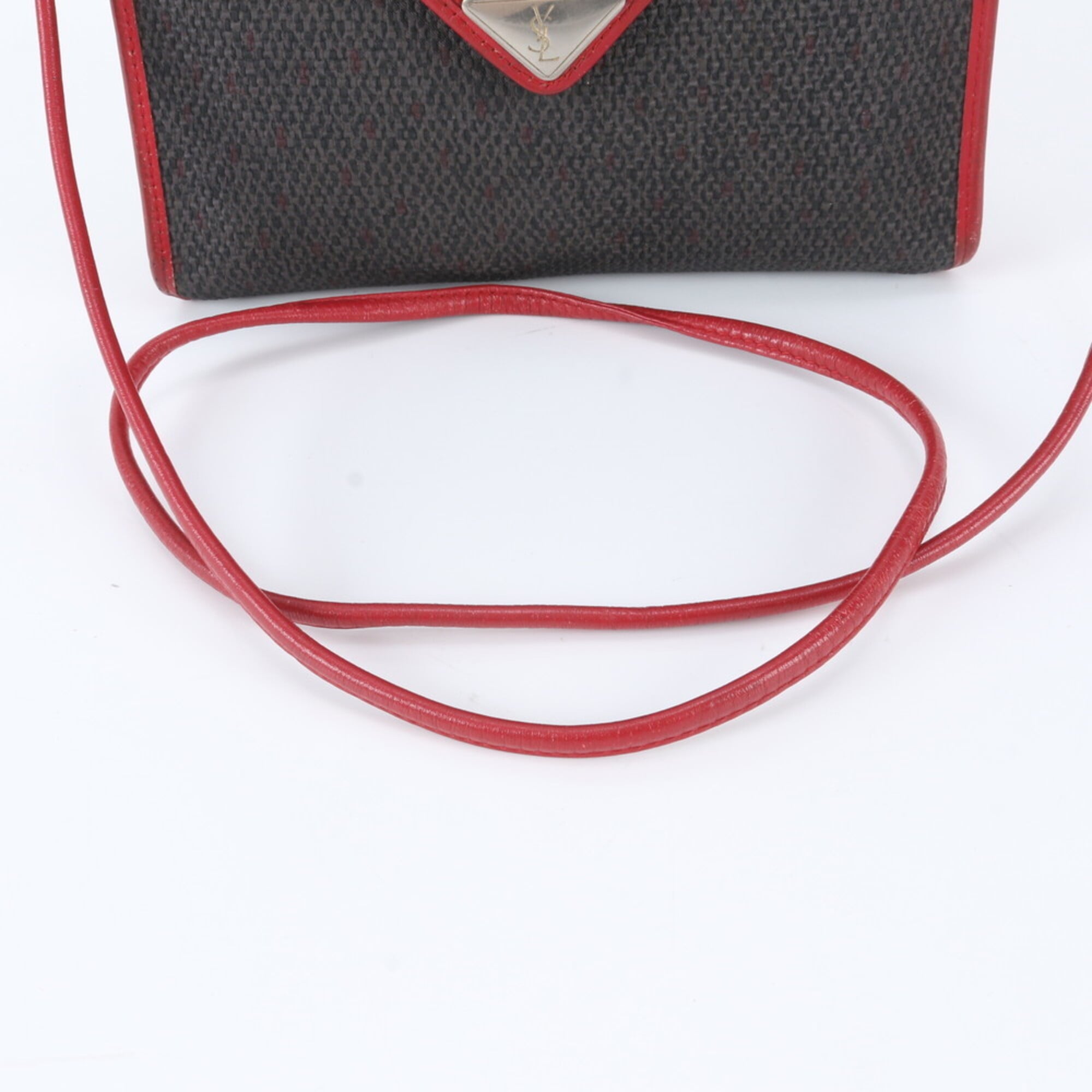 Yves Saint Laurent Gray Red Color Leather Coated Canvas Crossbody Bag Handbag Shoulder Bag Tote Bag (Pre-Owned)