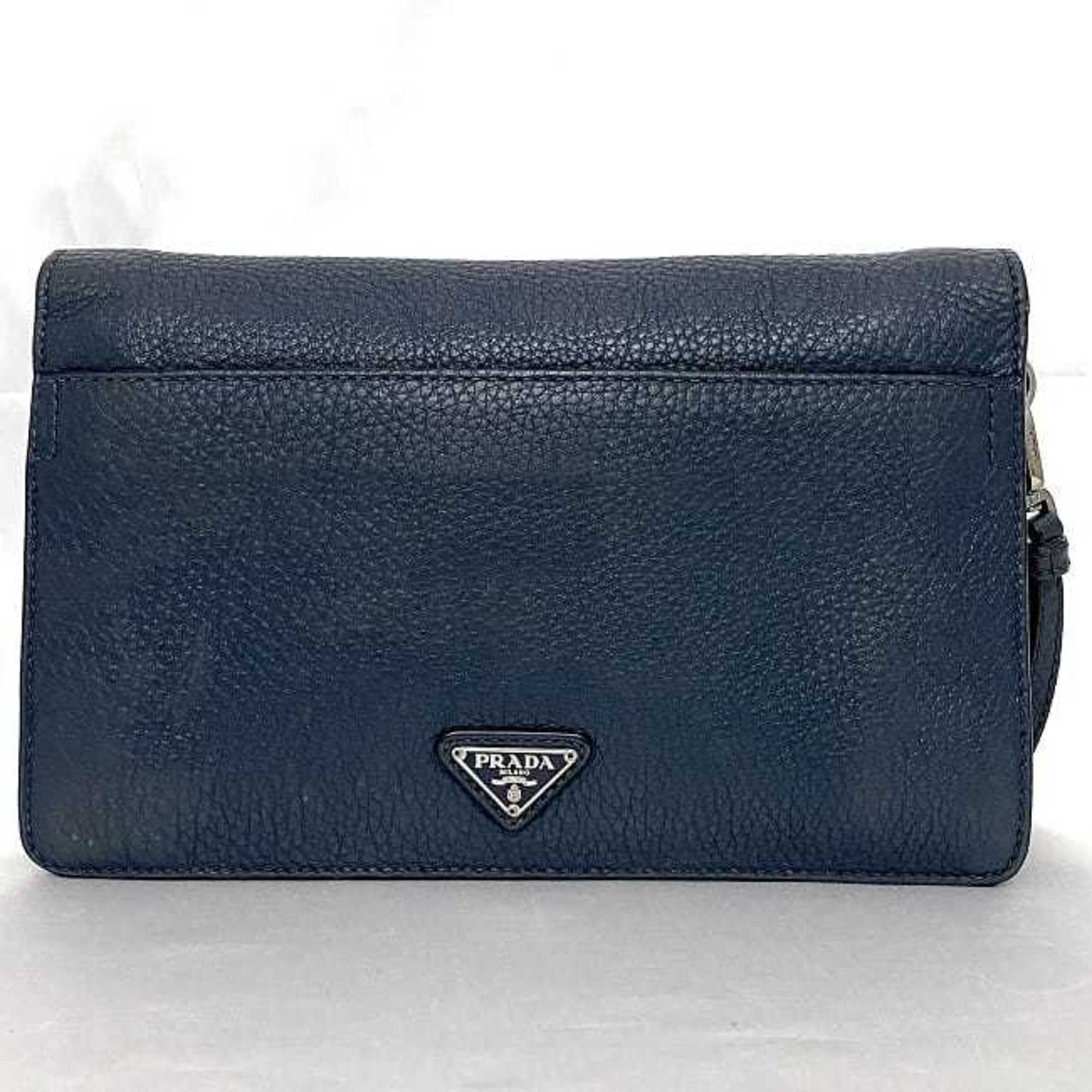 Prada Blue Leather Clutch Bag Handbag (Pre-Owned)