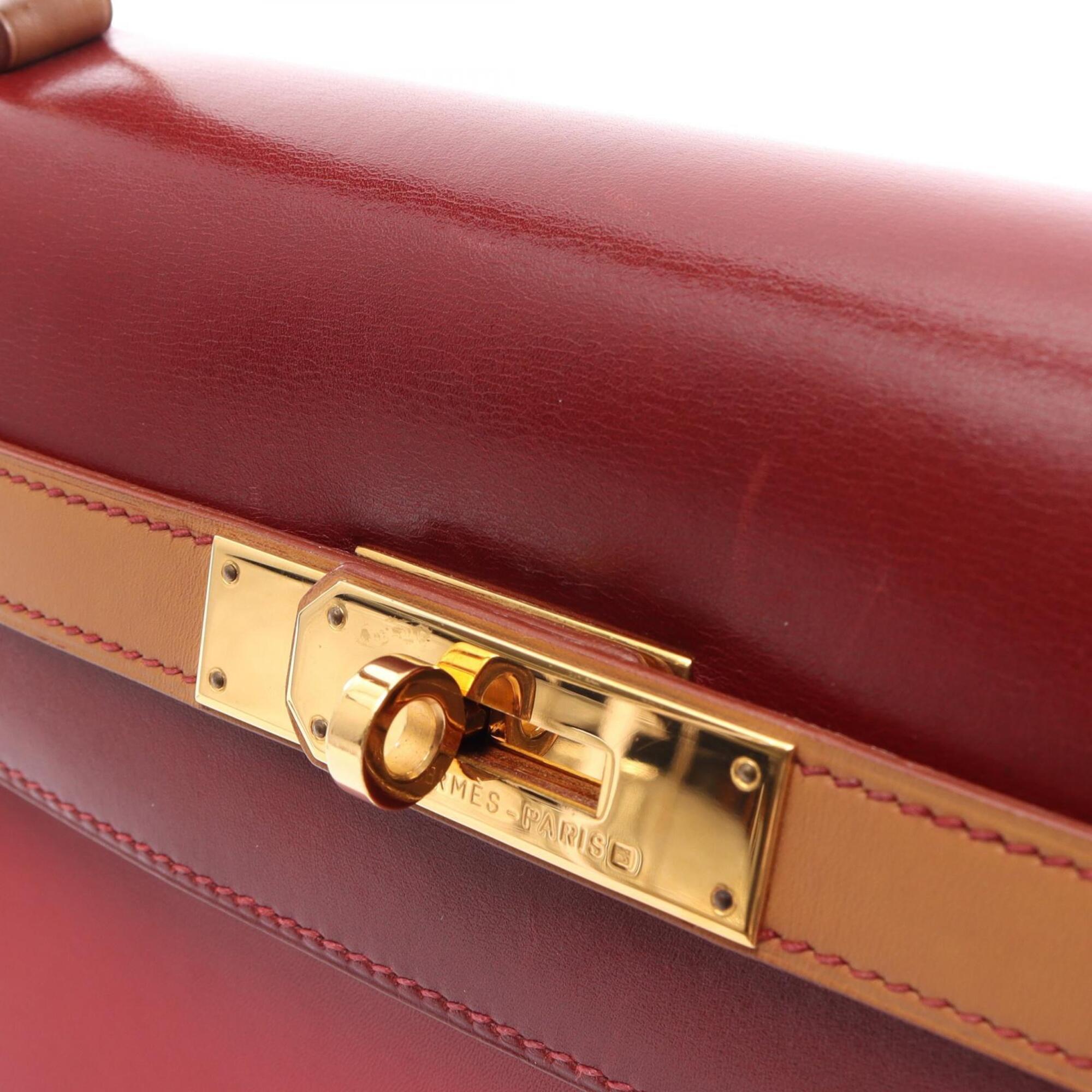 Hermes Bordeaux Brown Red Color Box Calf Leather Leather Handbag (Pre-Owned)