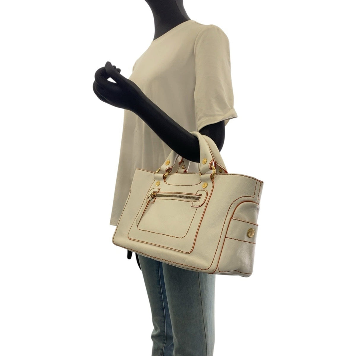 Celine Orange White Leather Handbag Tote Bag (Pre-Owned)