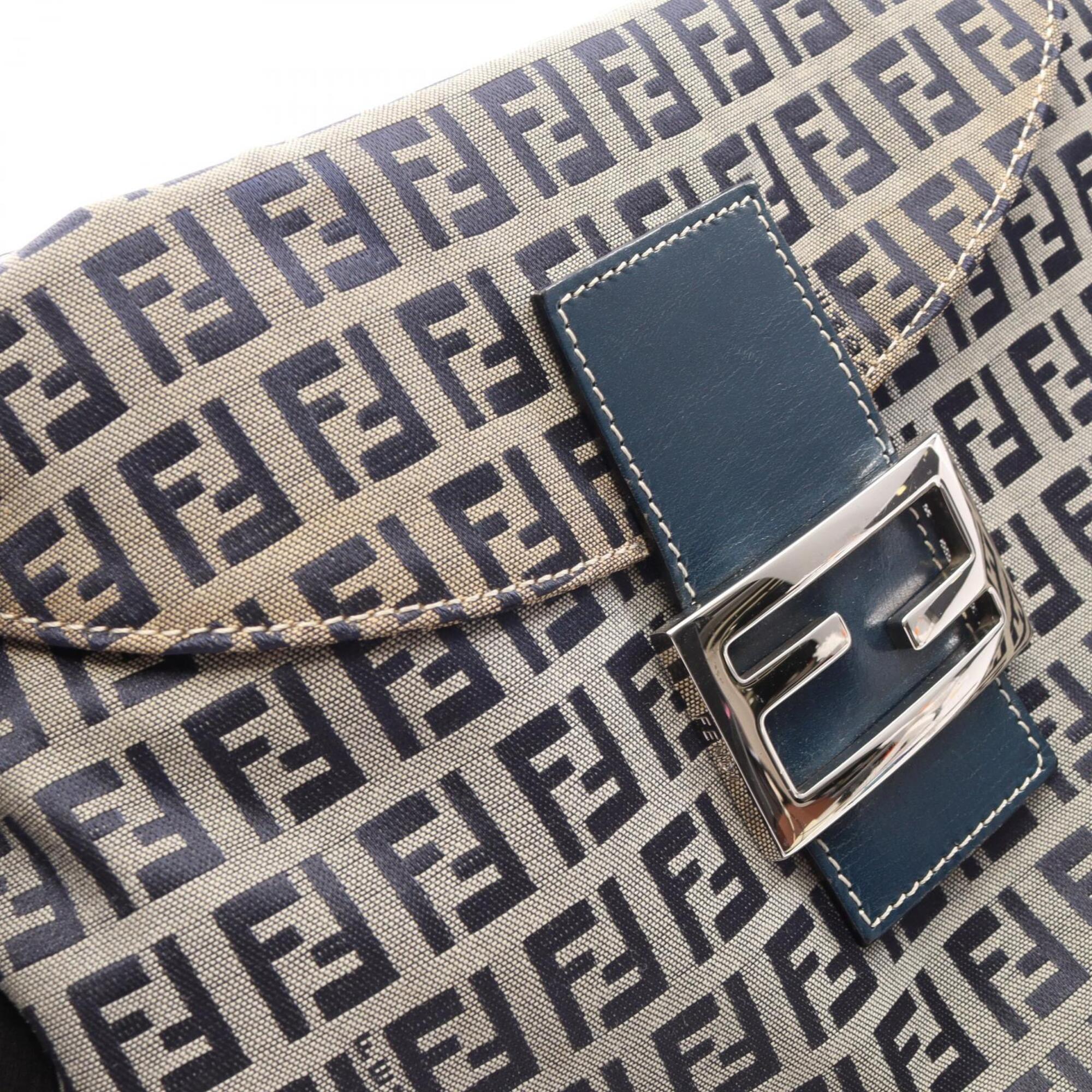 Fendi Zucchino Gray Navy Canvas Leather Handbag Shoulder Bag (Pre-Owned)