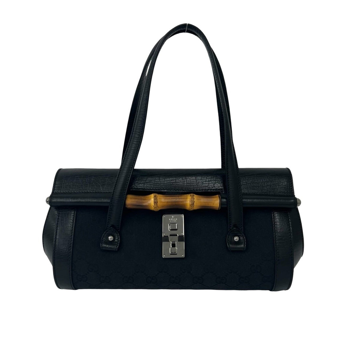 Gucci Black Leather Canvas Handbag Shoulder Bag (Pre-Owned)