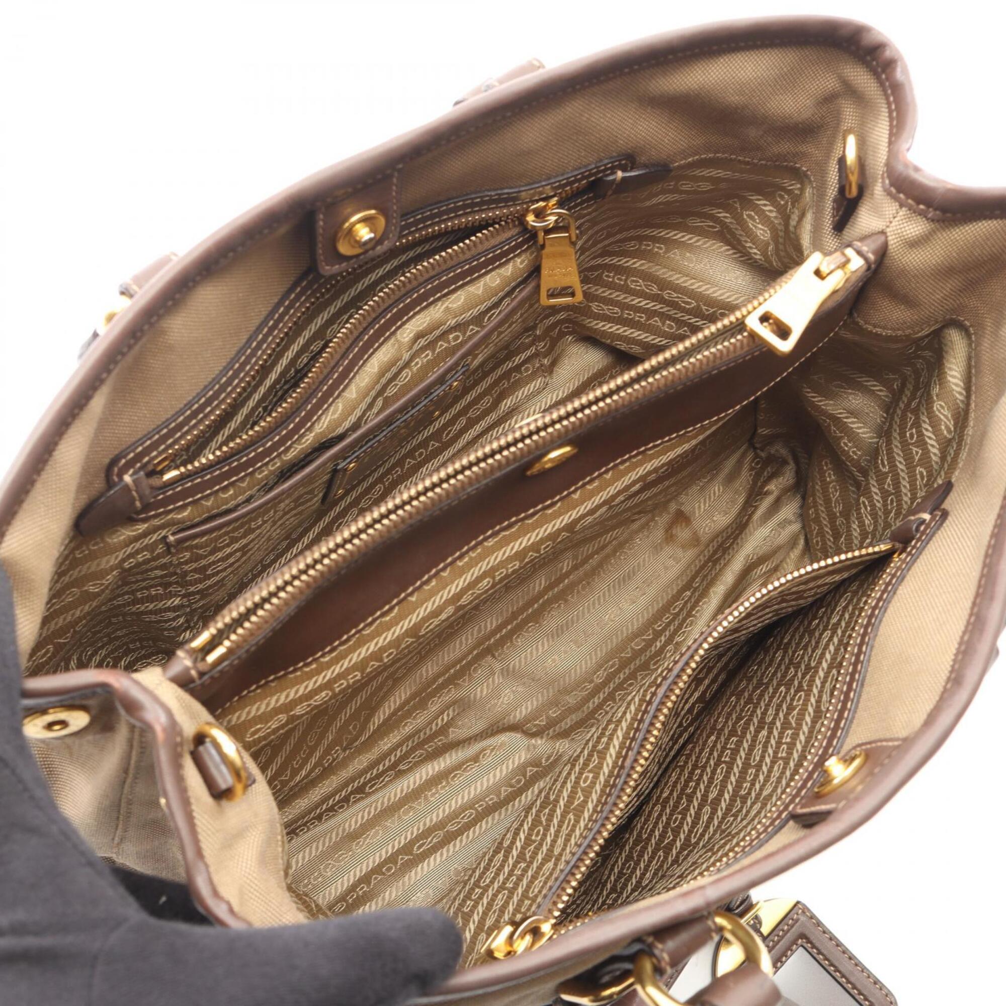 Prada Beige Brown Canvas Leather Handbag (Pre-Owned)