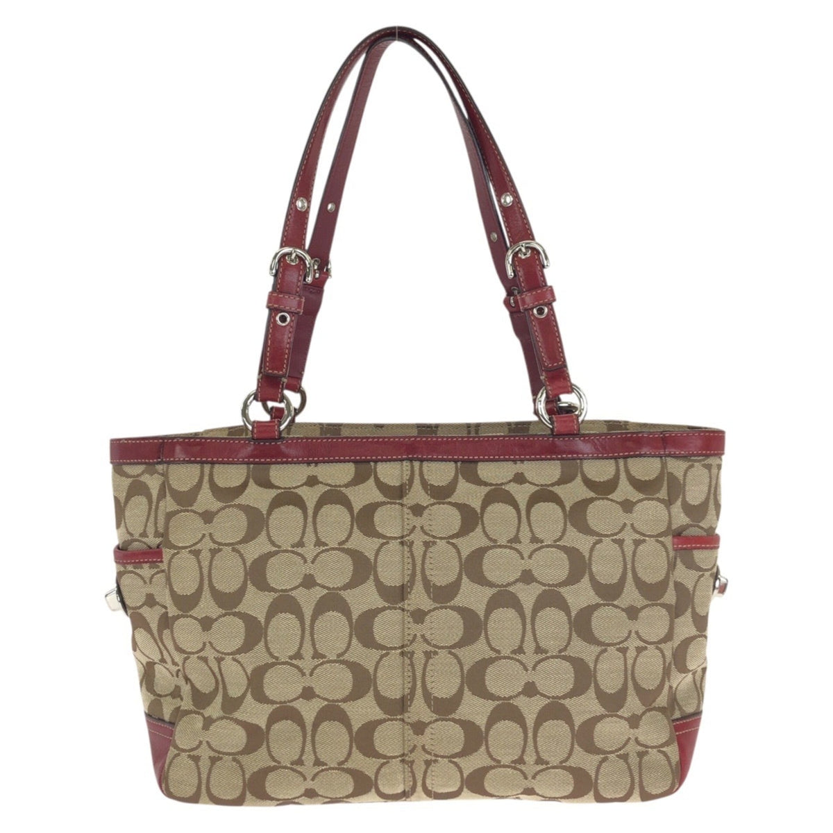 Coach Beige Red Color Canvas Leather Shoulder Bag Tote Bag (Pre-Owned)