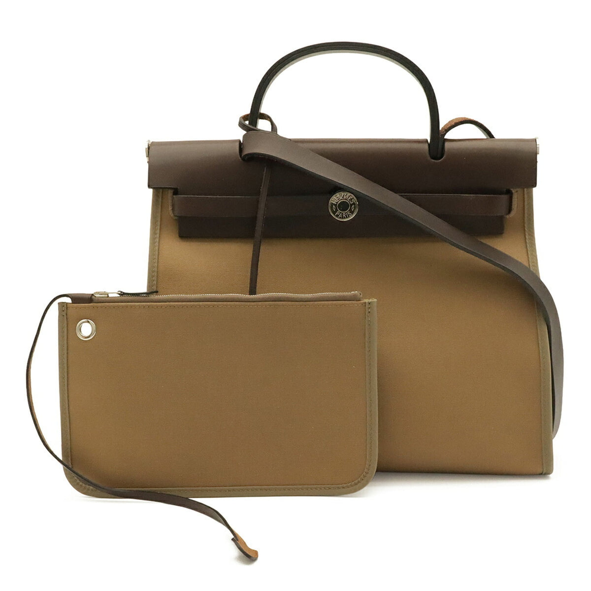 Hermes Beige Dark Brown Khaki Toile Officier Handbag Pouch Shoulder Bag (Pre-Owned)