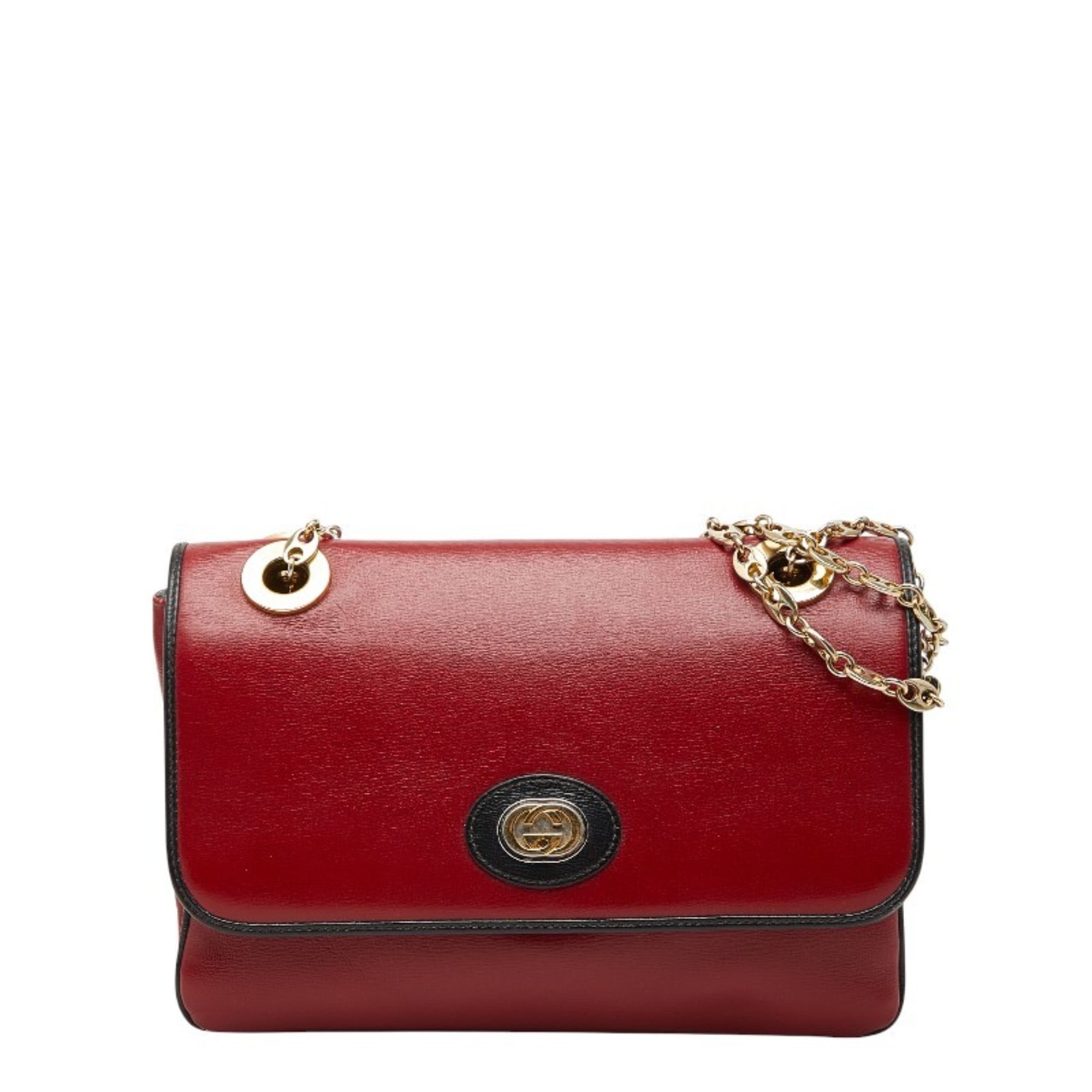 Gucci Black Red Color Leather Shoulder Bag (Pre-Owned)