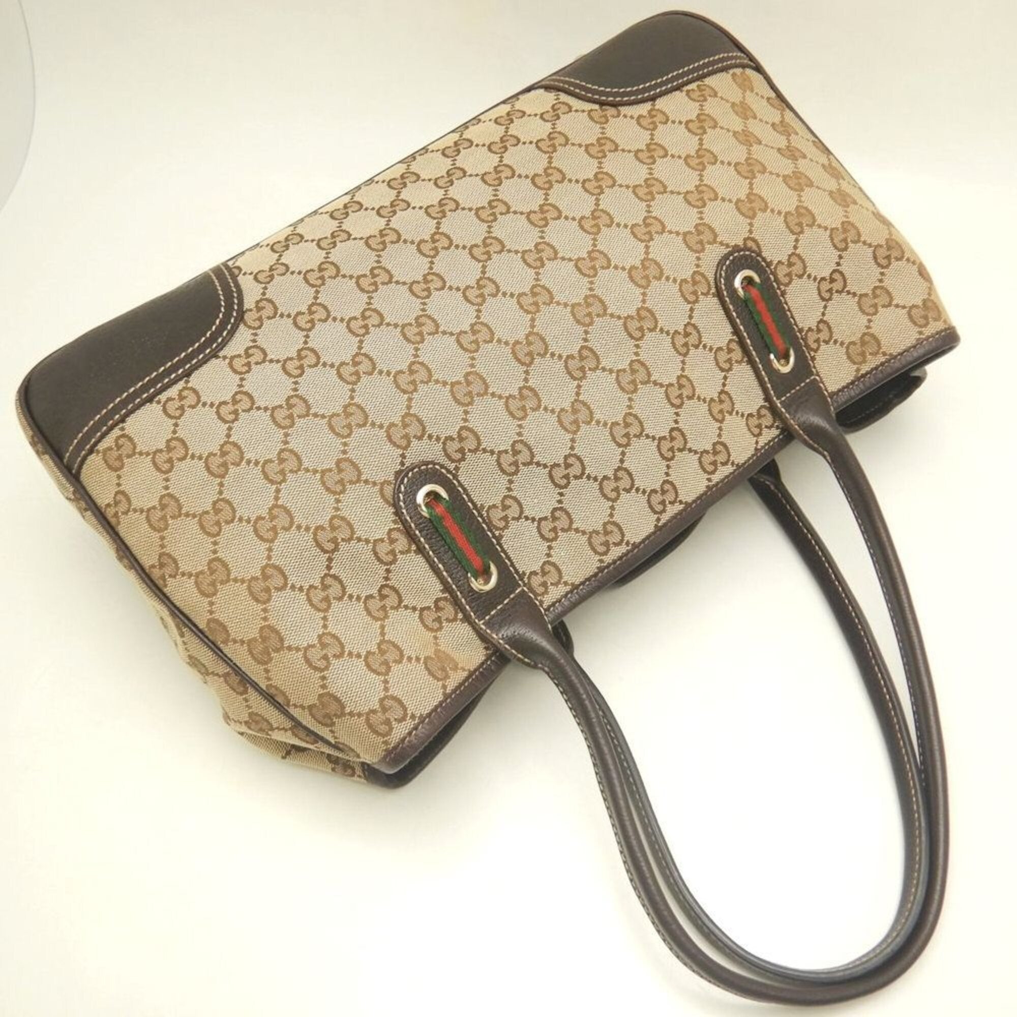 Gucci Gg Canvas Beige Brown Gg Canvas Leather Tote Bag (Pre-Owned)