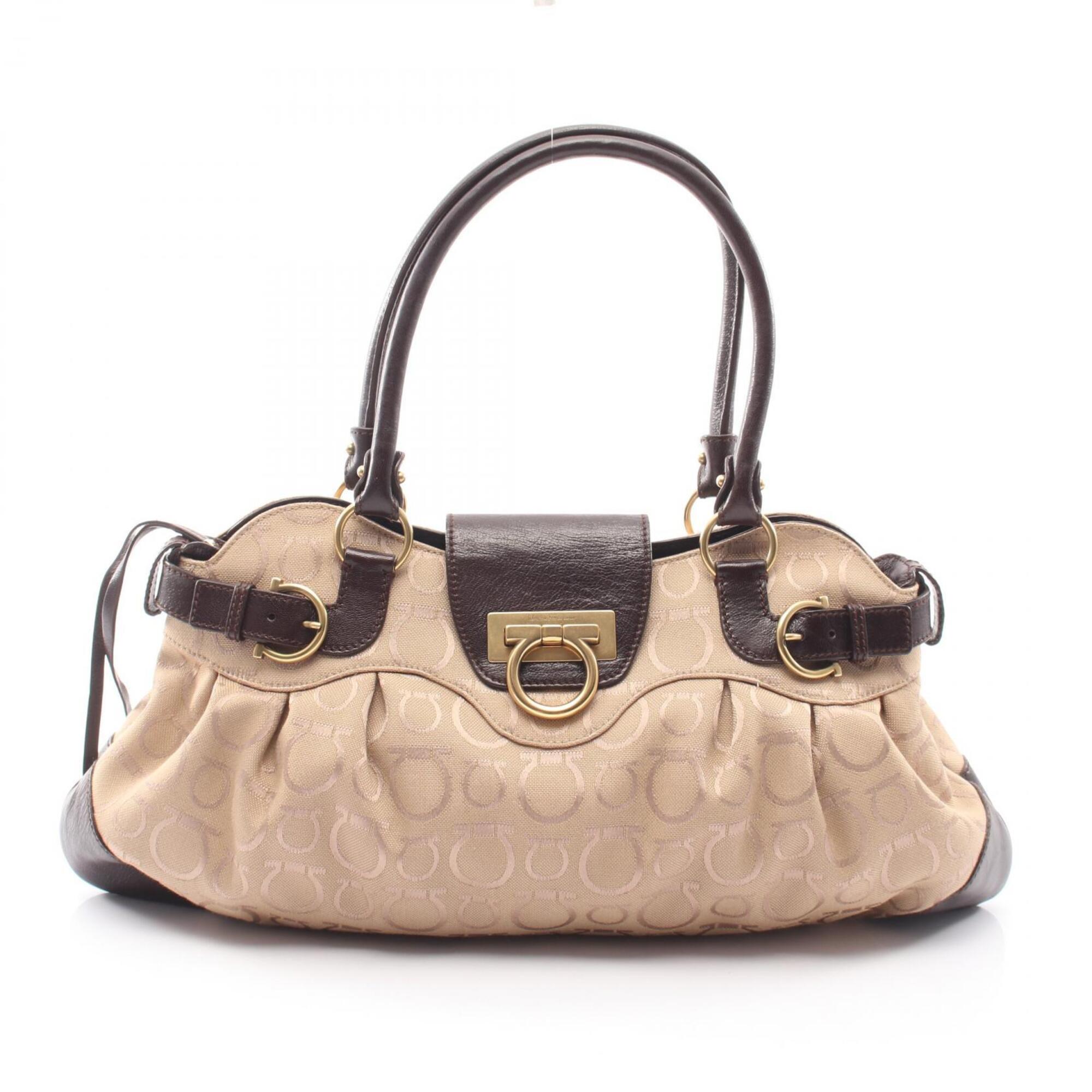 Salvatore Ferragamo Beige Brown Canvas Leather Handbag Shoulder Bag (Pre-Owned)