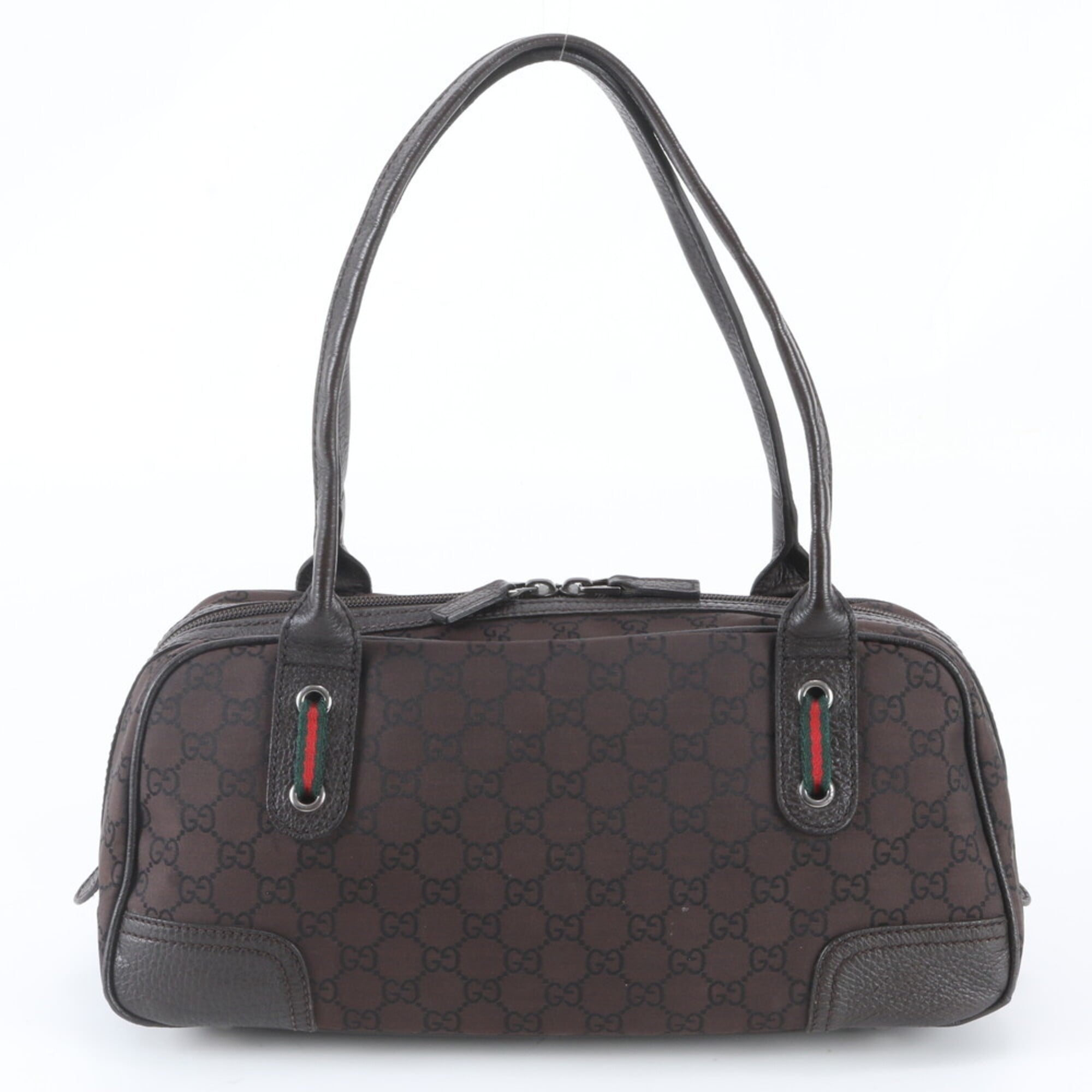 Gucci Sherry Line Dark Brown Nylon Leather Handbag Tote Bag (Pre-Owned)
