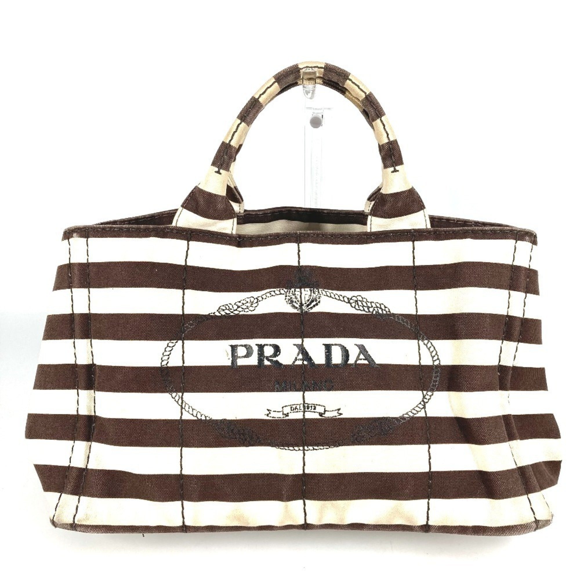 Prada Brown White Canvas Handbag Tote Bag (Pre-Owned)