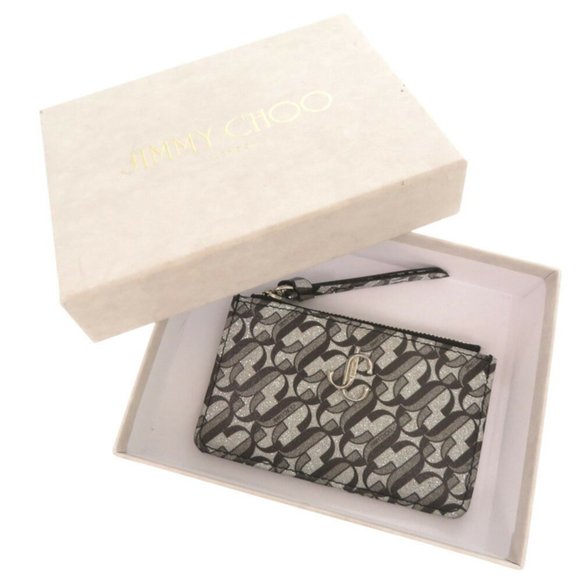 Jimmy Choo Silver Black Gray Leather Coin Purse/Coin Case (Pre-Owned)