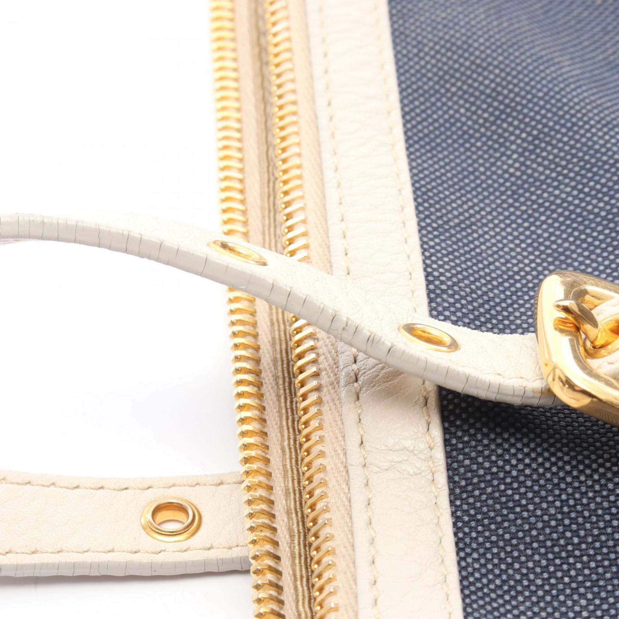 Prada Navy White Canvas Leather Tote Bag (Pre-Owned)