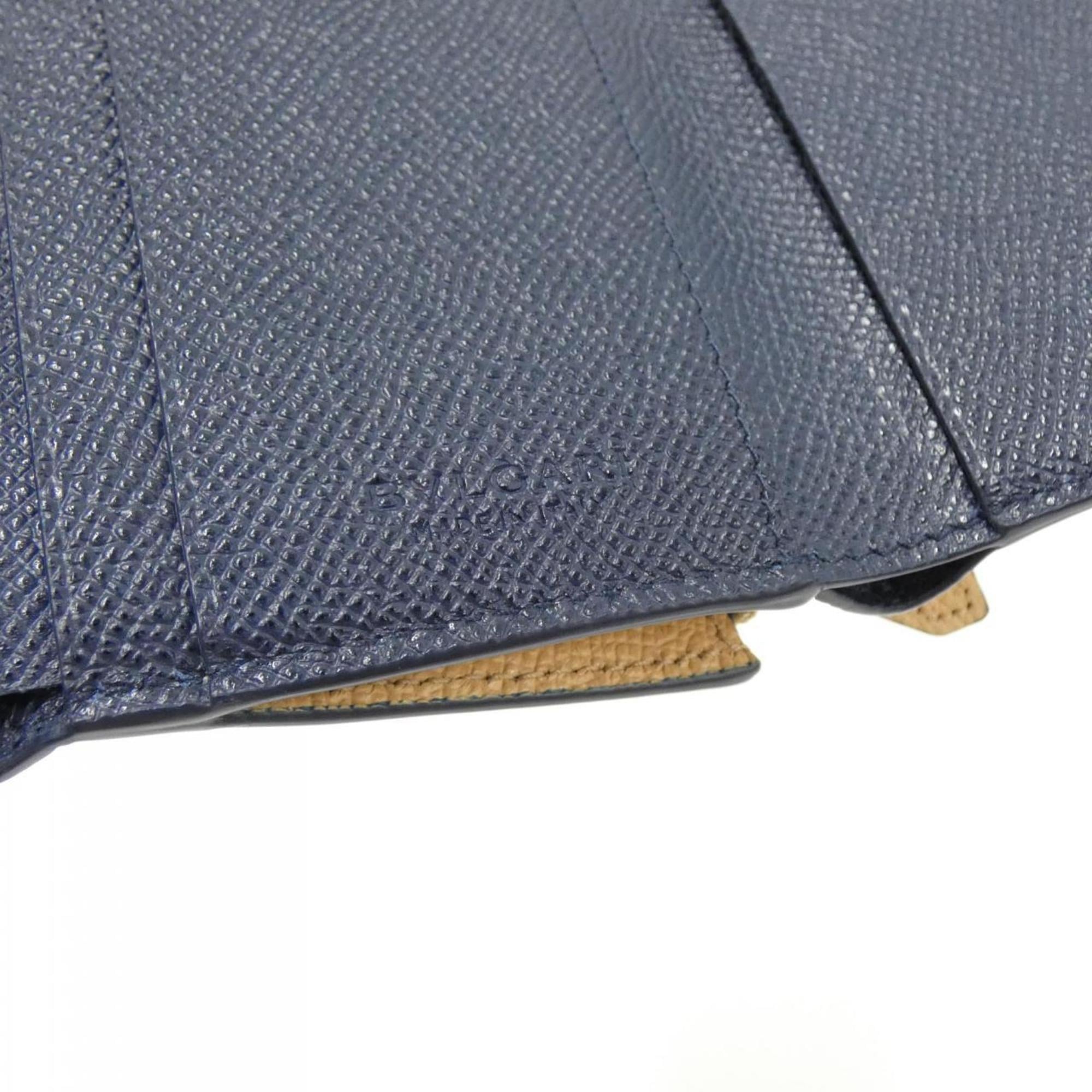 Bvlgari Bvlgari Bvlgari Beige Navy Leather Wallet (Tri-Fold) (Pre-Owned)