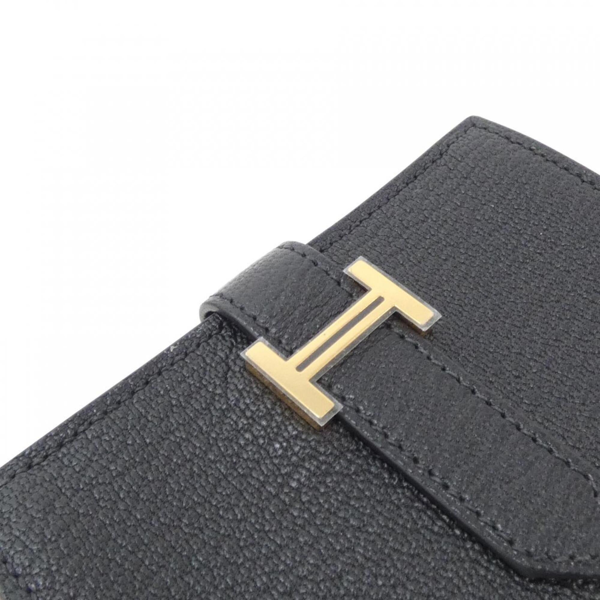 Hermes Bearn Gold Black Chevre Leather Wallet (Bi-Fold) (Pre-Owned)